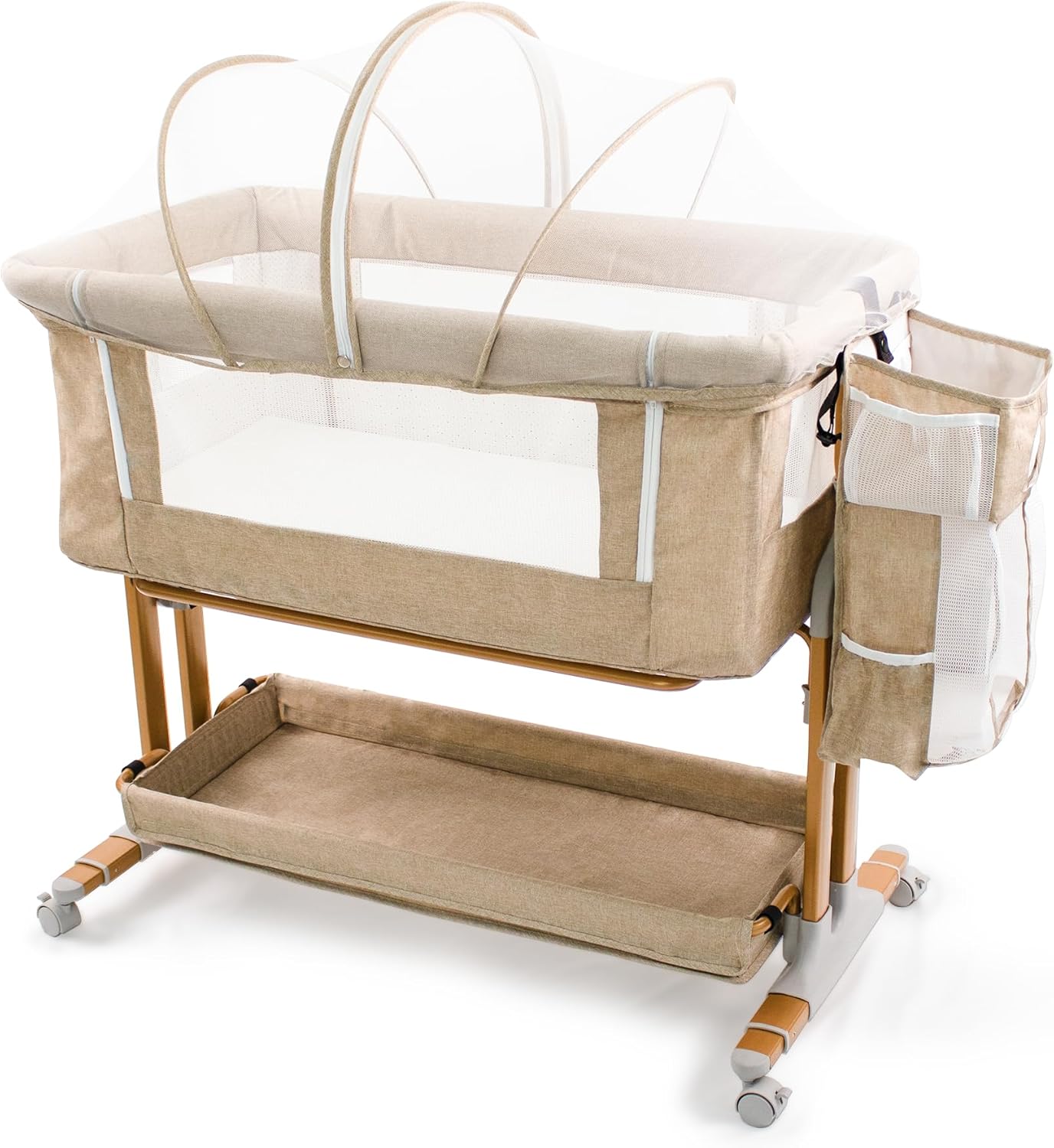Bassinet Bedside Sleeper for Baby 6 Months, Convertible Cosleeping Baby Bed Attach to Bed with Wheels, Mattress, Storage Diaper Caddy, 6 Adjustable Height, Breathable Mesh Drop Down Side, Gold