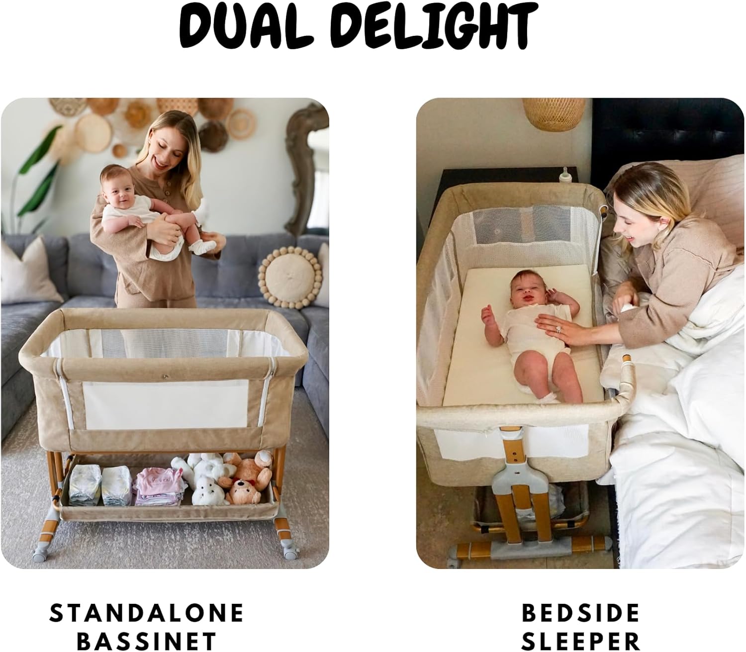Bassinet Bedside Sleeper for Baby 6 Months, Convertible Cosleeping Baby Bed Attach to Bed with Wheels, Mattress, Storage Diaper Caddy, 6 Adjustable Height, Breathable Mesh Drop Down Side, Gold · v3