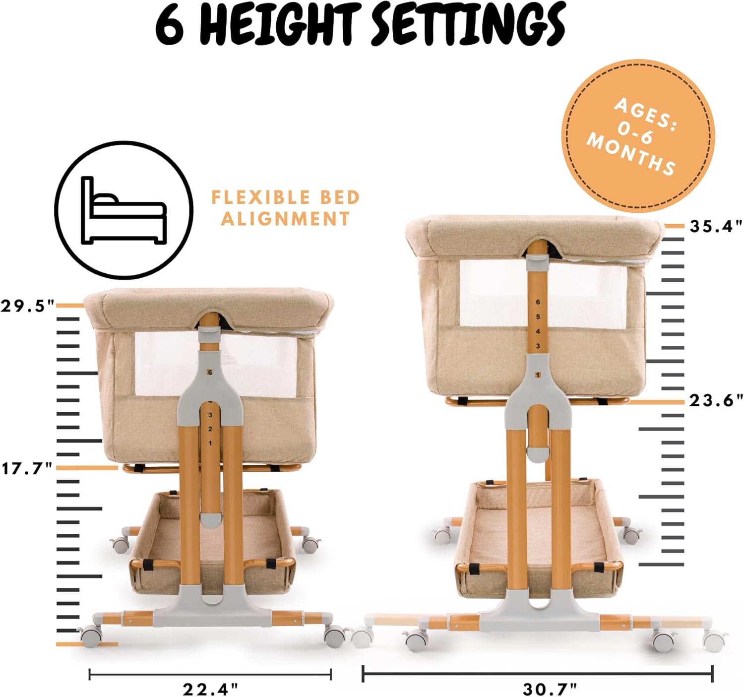 Bassinet Bedside Sleeper for Baby 6 Months, Convertible Cosleeping Baby Bed Attach to Bed with Wheels, Mattress, Storage Diaper Caddy, 6 Adjustable Height, Breathable Mesh Drop Down Side, Gold · v3