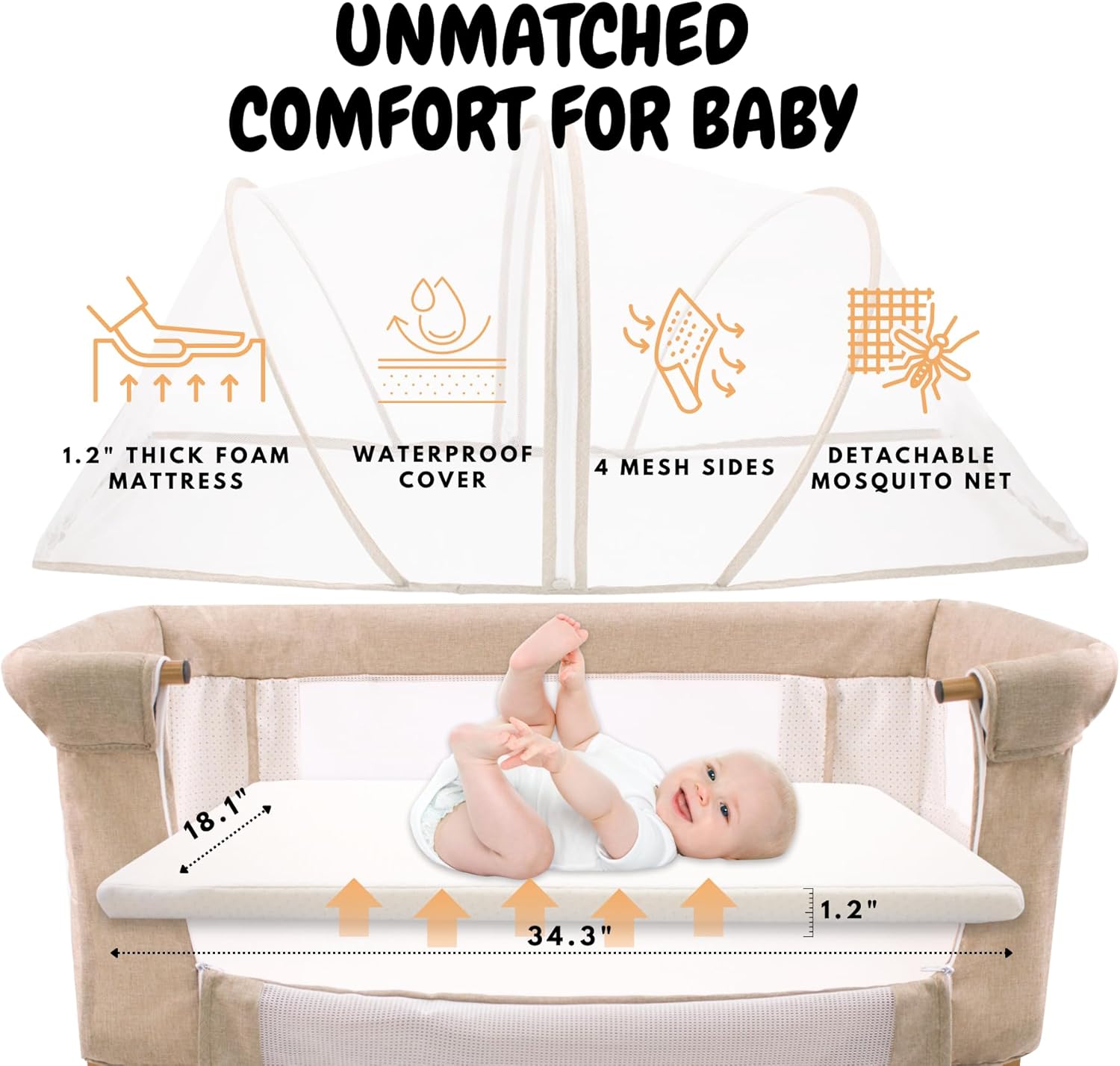Bassinet Bedside Sleeper for Baby 6 Months, Convertible Cosleeping Baby Bed Attach to Bed with Wheels, Mattress, Storage Diaper Caddy, 6 Adjustable Height, Breathable Mesh Drop Down Side, Gold · v3