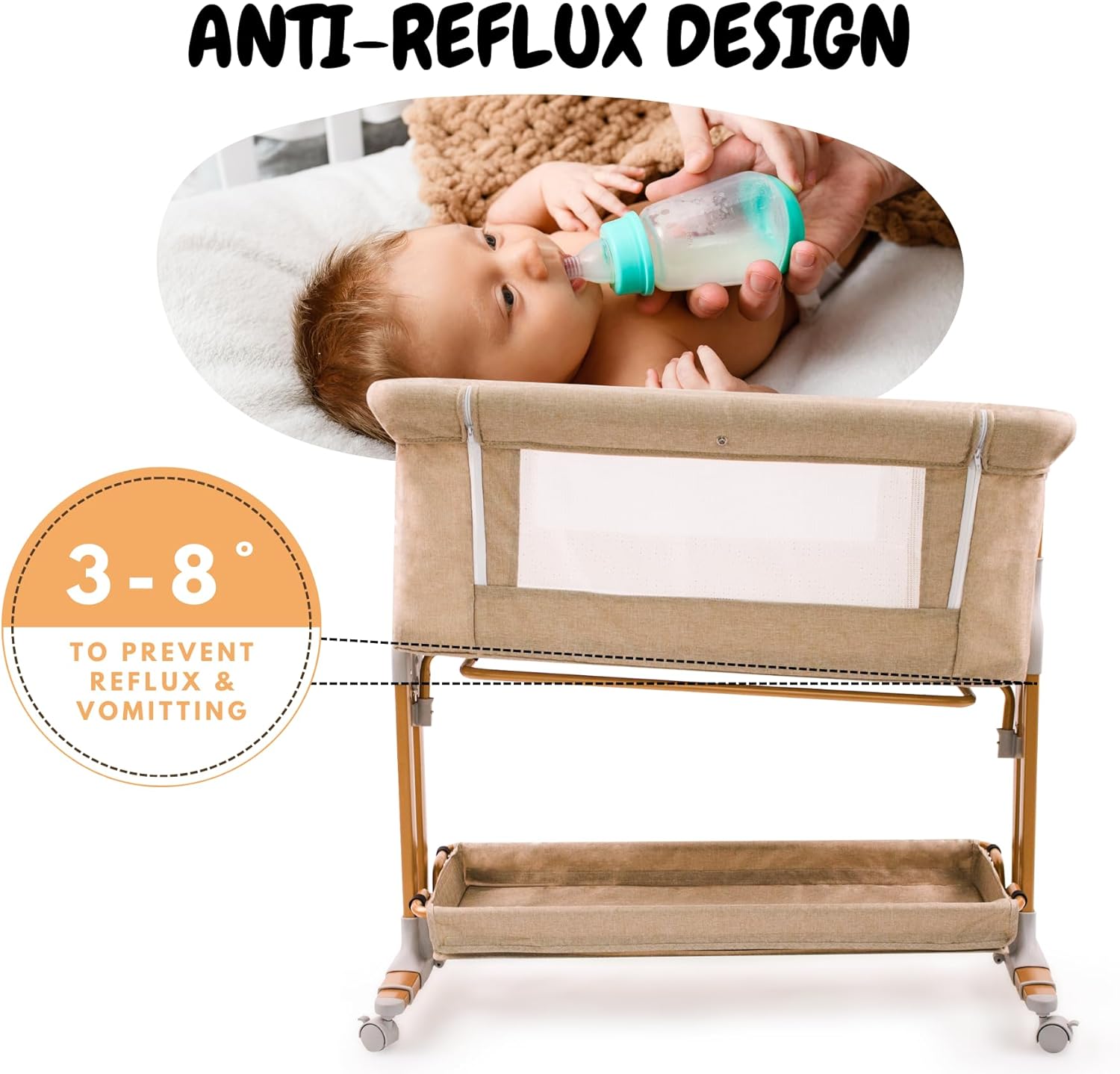 Bassinet Bedside Sleeper for Baby 6 Months, Convertible Cosleeping Baby Bed Attach to Bed with Wheels, Mattress, Storage Diaper Caddy, 6 Adjustable Height, Breathable Mesh Drop Down Side, Gold · v3