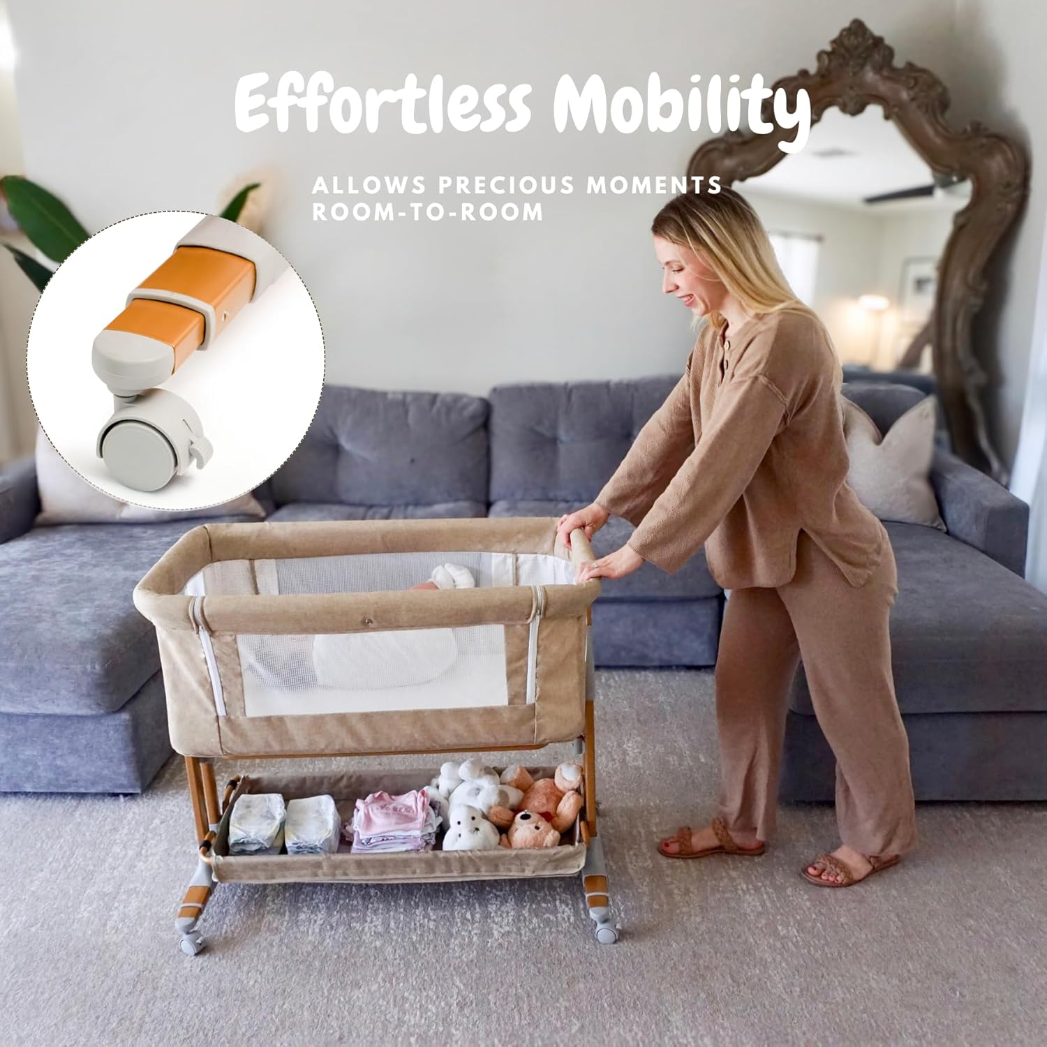 Bassinet Bedside Sleeper for Baby 6 Months, Convertible Cosleeping Baby Bed Attach to Bed with Wheels, Mattress, Storage Diaper Caddy, 6 Adjustable Height, Breathable Mesh Drop Down Side, Gold · v3