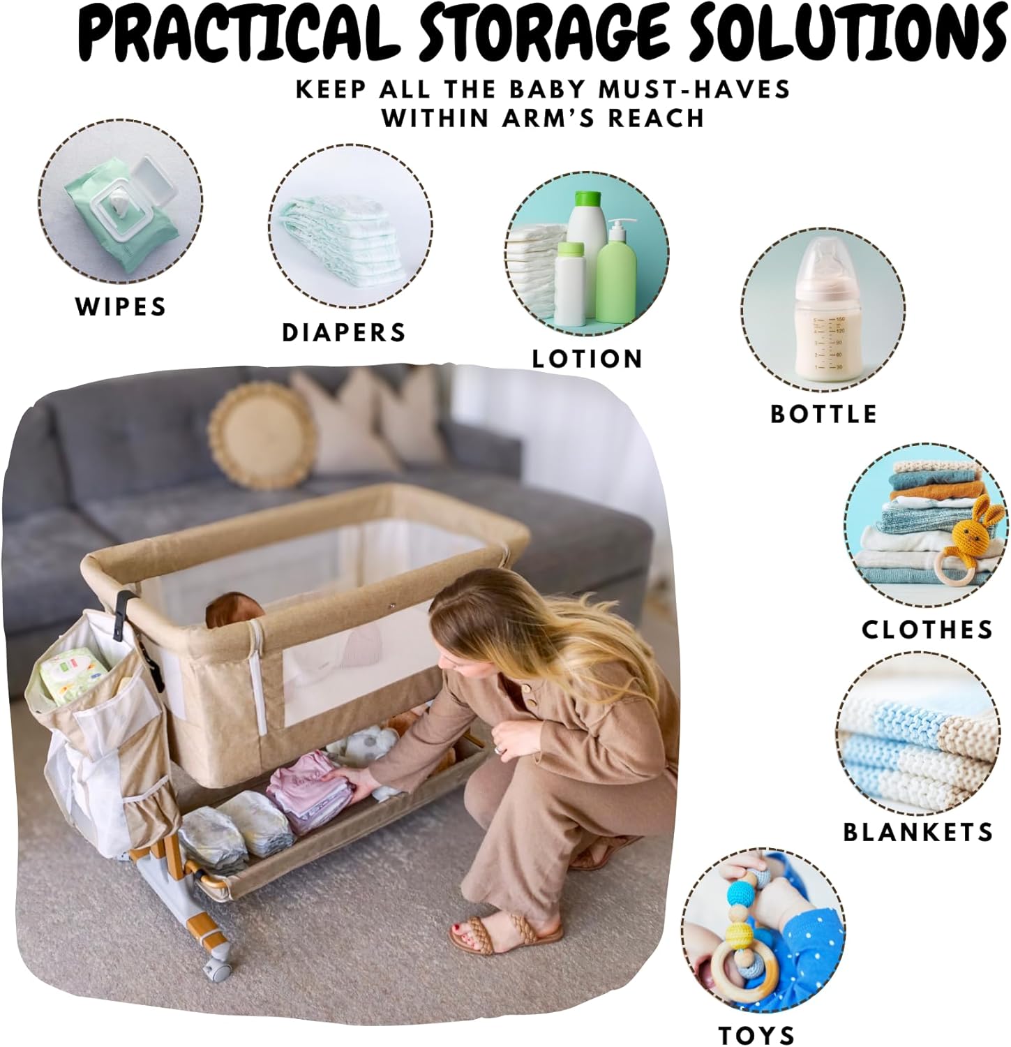 Bassinet Bedside Sleeper for Baby 6 Months, Convertible Cosleeping Baby Bed Attach to Bed with Wheels, Mattress, Storage Diaper Caddy, 6 Adjustable Height, Breathable Mesh Drop Down Side, Gold · v3