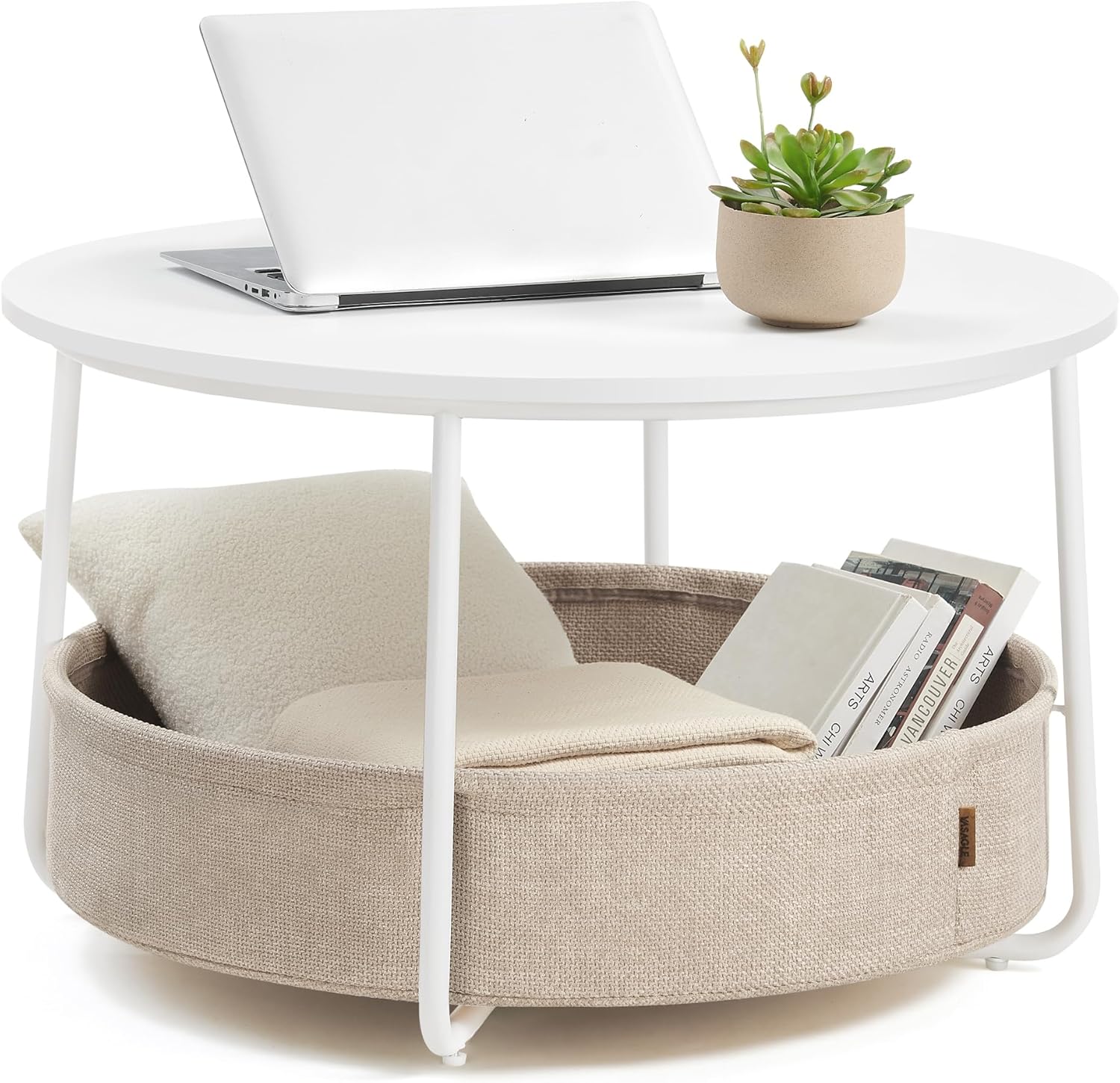 VASAGLE Coffee Table with Storage, Round Center Table for Living Room with Fabric Basket, Modern Style, Metal Frame, Matte White and Camel Brown ULCT244W10 · v2