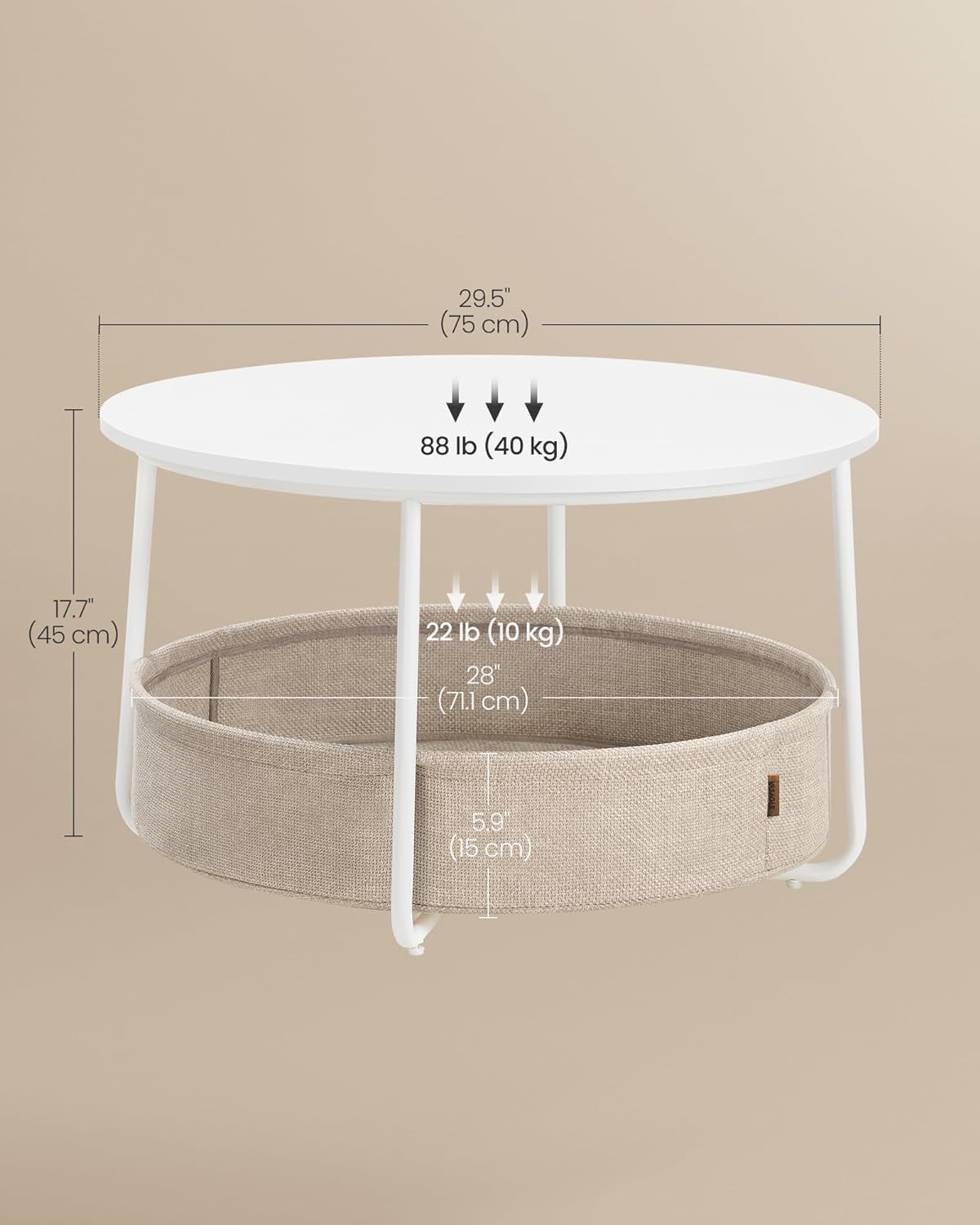 VASAGLE Coffee Table with Storage, Round Center Table for Living Room with Fabric Basket, Modern Style, Metal Frame, Matte White and Camel Brown ULCT244W10 · v2