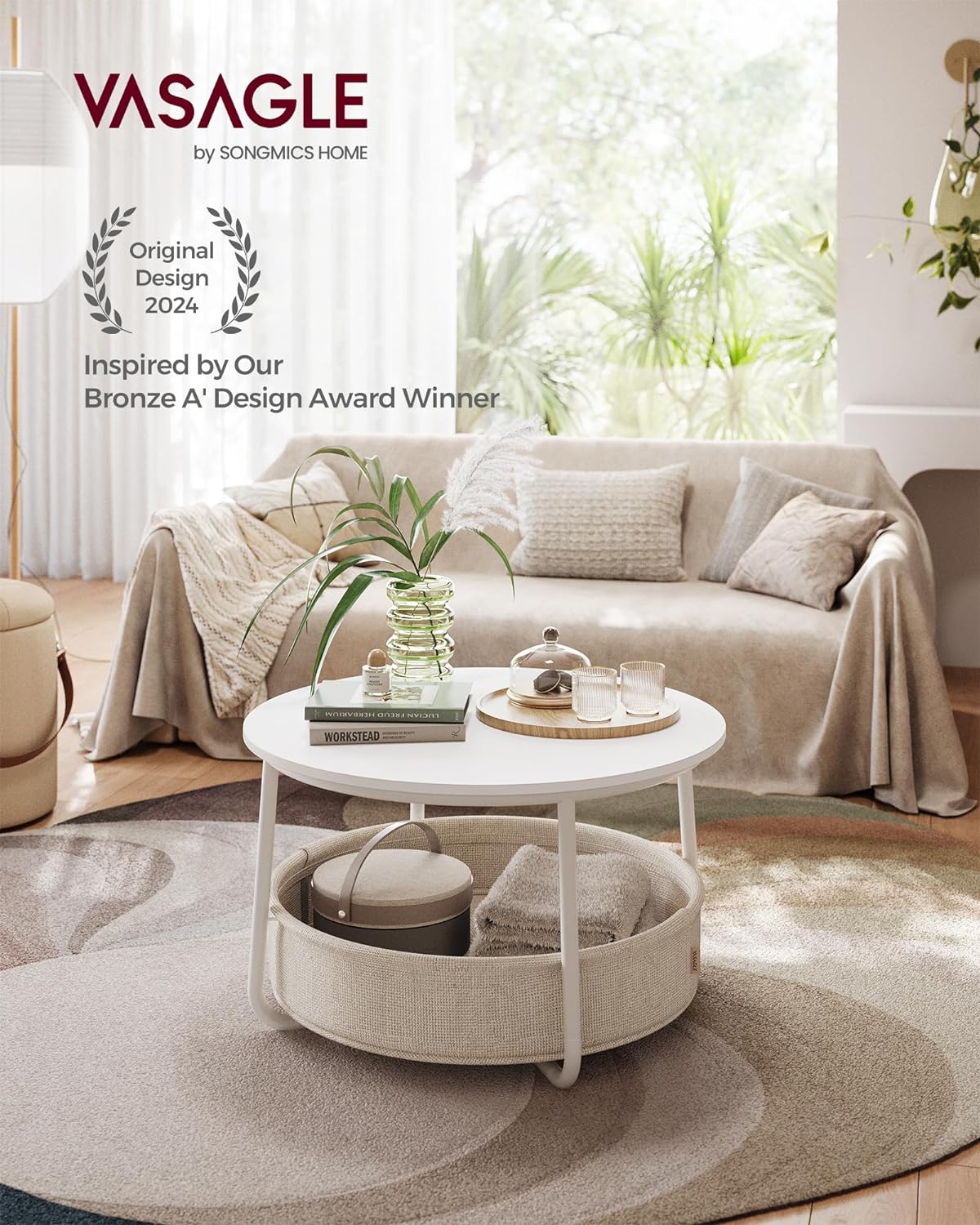 VASAGLE Coffee Table with Storage, Round Center Table for Living Room with Fabric Basket, Modern Style, Metal Frame, Matte White and Camel Brown ULCT244W10 · v2