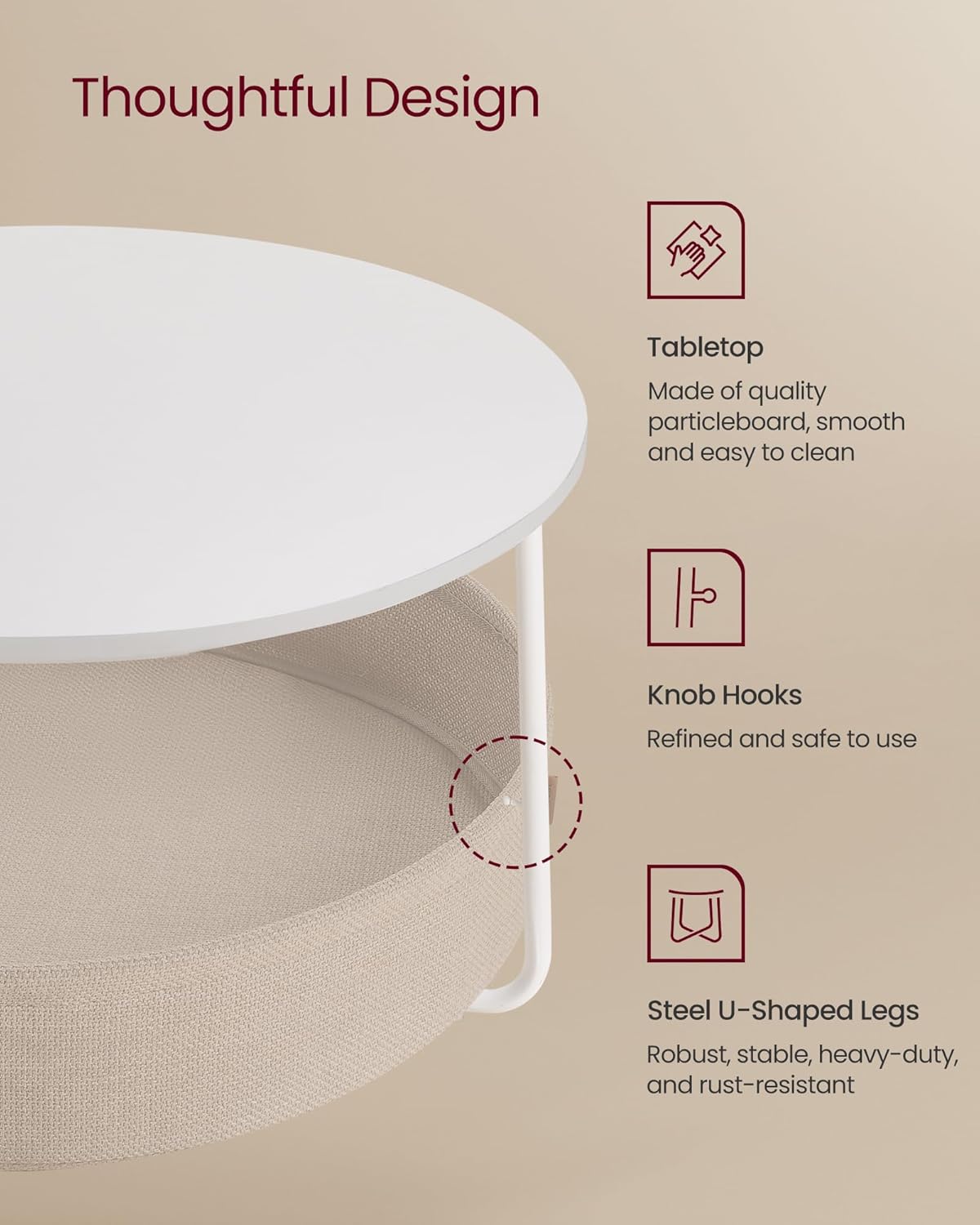 VASAGLE Coffee Table with Storage, Round Center Table for Living Room with Fabric Basket, Modern Style, Metal Frame, Matte White and Camel Brown ULCT244W10 · v2