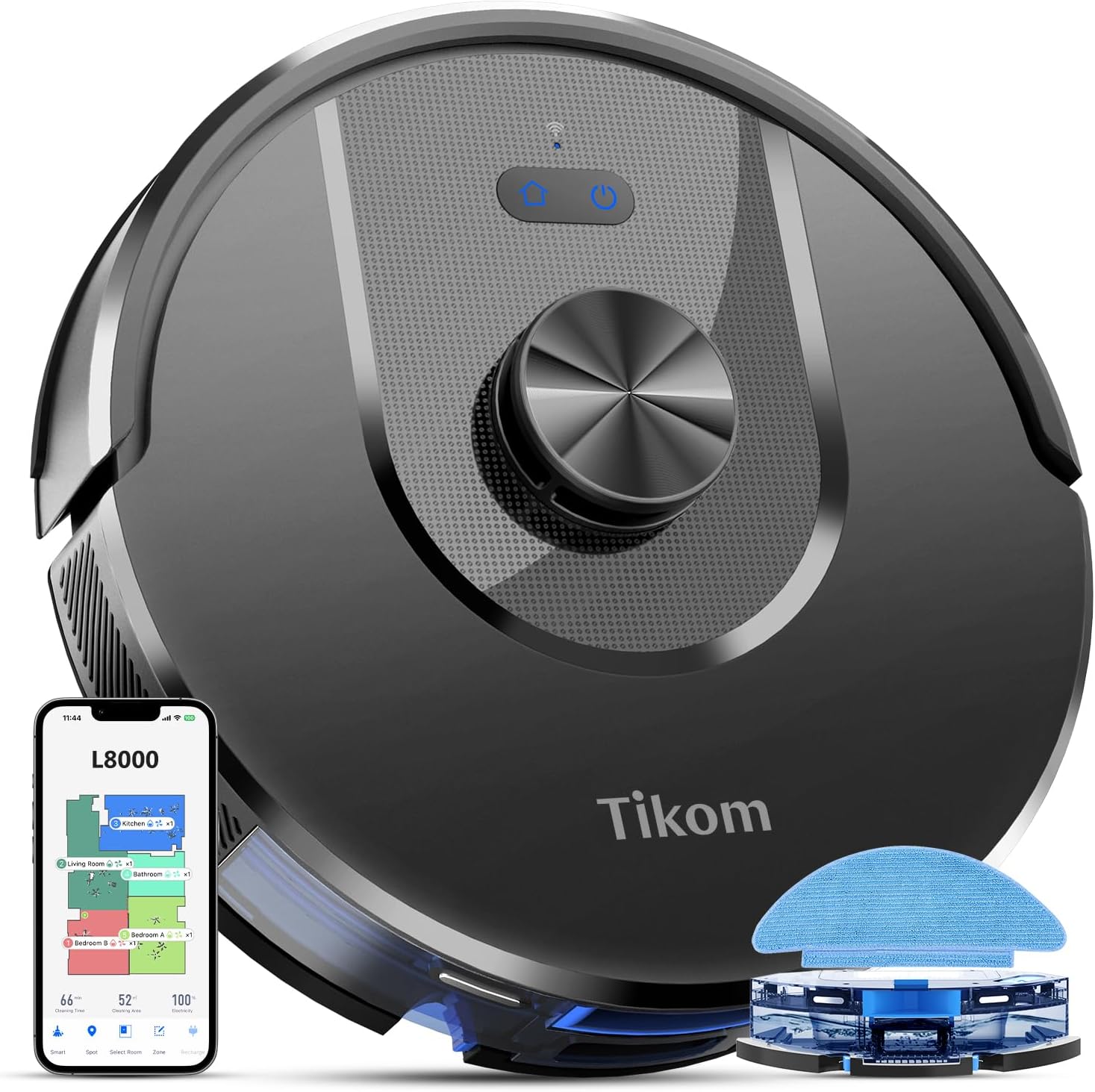 Робот-пылесос и швабра Tikom, робот-пылесос L8000 с лазерной навигацией LiDAR, мощность всасывания 3000 Па, макс. 150 минут, 45 дБ, 14 запретных зон, 20 виртуальных стен, самозарядка, подходит для шерсти домашних животных, ковров, твердых полов