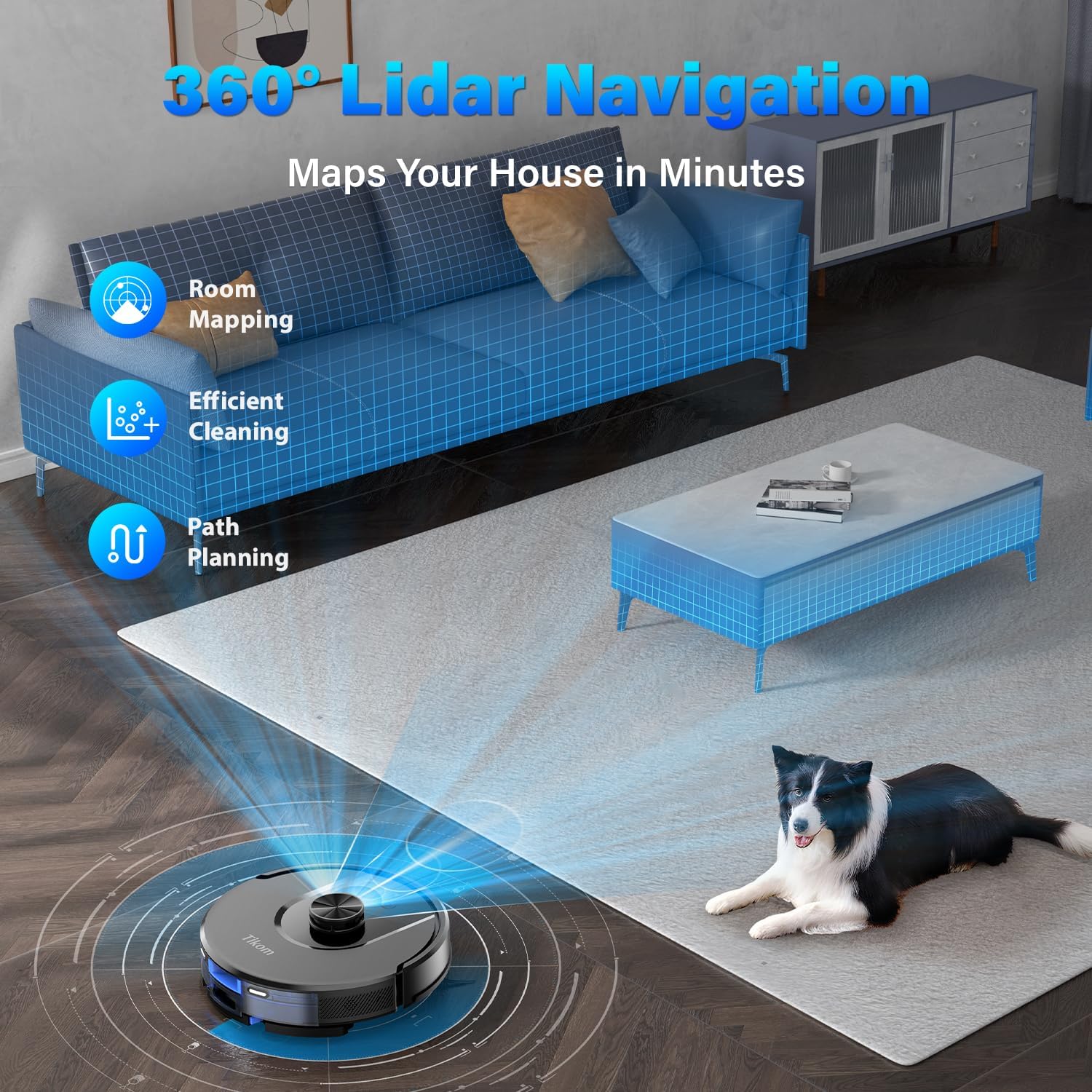 Tikom Robot Vacuum and Mop, L8000 Laser LiDAR Navigation Robotic Vacuum, 3000Pa Suction, 150Mins Max, 45dB, 14 No-Go Zones, 20 Virtual Walls, Self-Charging, Good for Pet Hair, Carpet, Hard Floor · v2