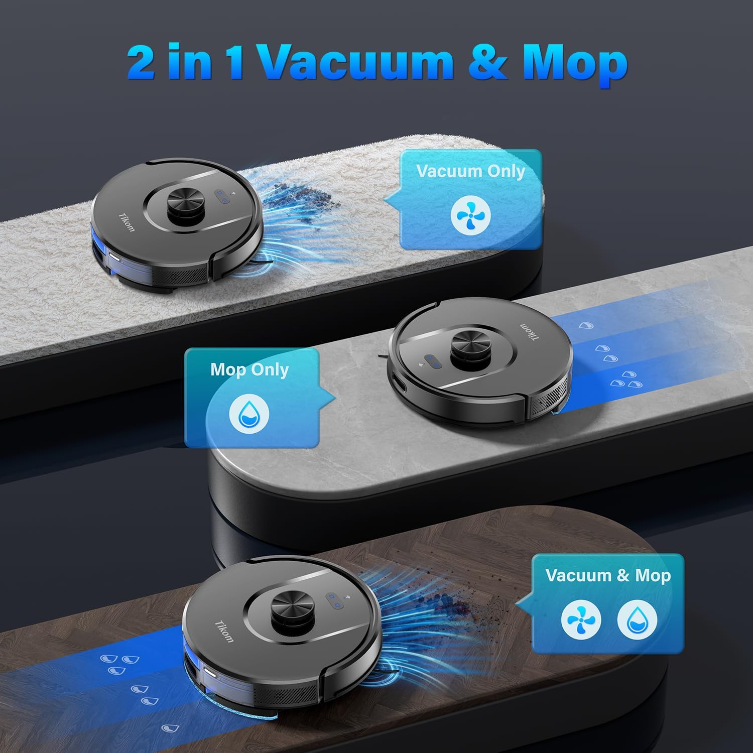 Tikom Robot Vacuum and Mop, L8000 Laser LiDAR Navigation Robotic Vacuum, 3000Pa Suction, 150Mins Max, 45dB, 14 No-Go Zones, 20 Virtual Walls, Self-Charging, Good for Pet Hair, Carpet, Hard Floor · v2