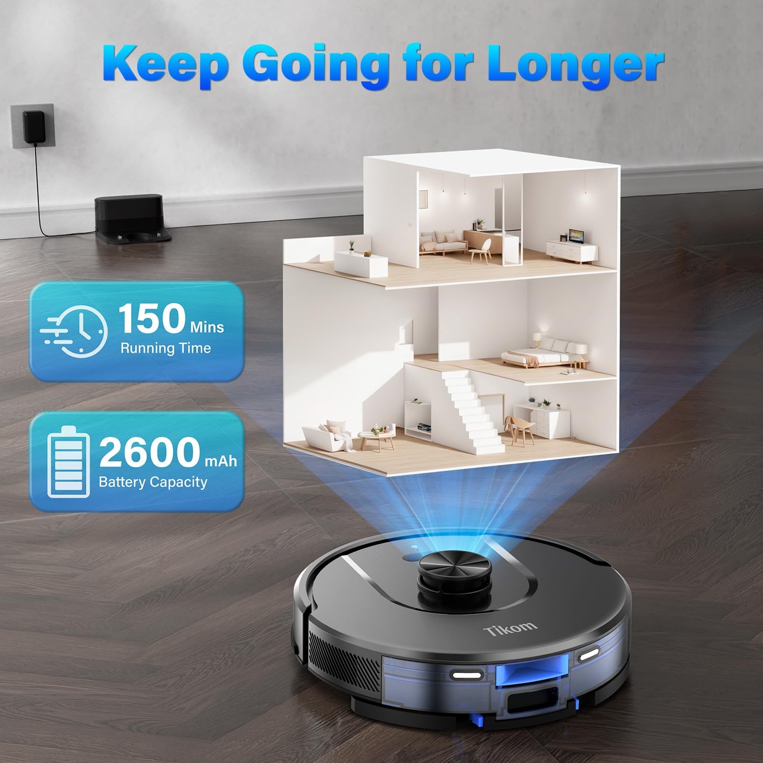 Tikom Robot Vacuum and Mop, L8000 Laser LiDAR Navigation Robotic Vacuum, 3000Pa Suction, 150Mins Max, 45dB, 14 No-Go Zones, 20 Virtual Walls, Self-Charging, Good for Pet Hair, Carpet, Hard Floor · v2