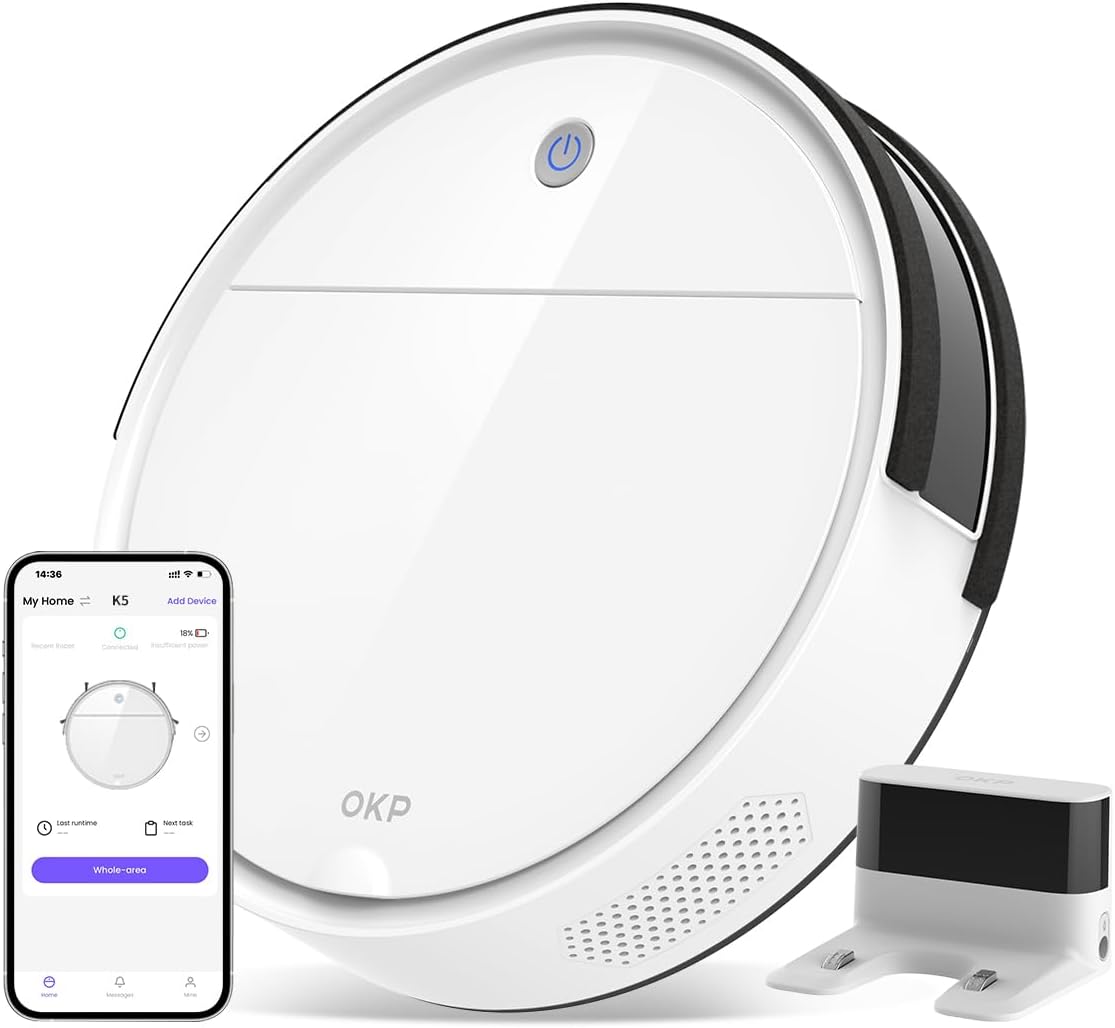 OKP Robot Vacuum Cleaner, Tangle-Free, Super Thin, Low Noise, Powerful Suction, Cleaning Schedules, Self-Charging, Robotic Vacuums with Wi-Fi/App/Alexa Control, Ideal for Pet Hair Carpets Hard Floors · v18