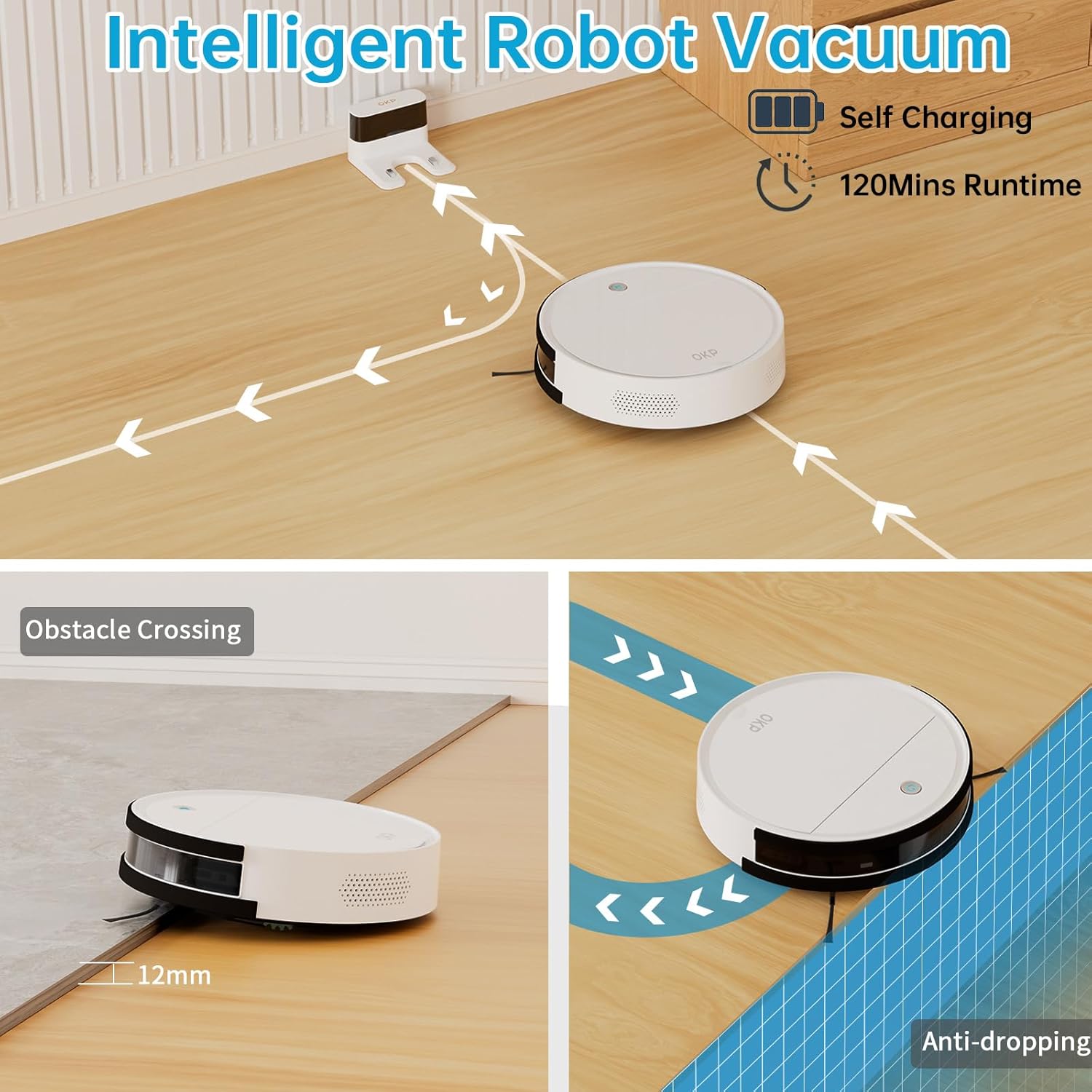 OKP Robot Vacuum Cleaner, Tangle-Free, Super Thin, Low Noise, Powerful Suction, Cleaning Schedules, Self-Charging, Robotic Vacuums with Wi-Fi/App/Alexa Control, Ideal for Pet Hair Carpets Hard Floors · v11