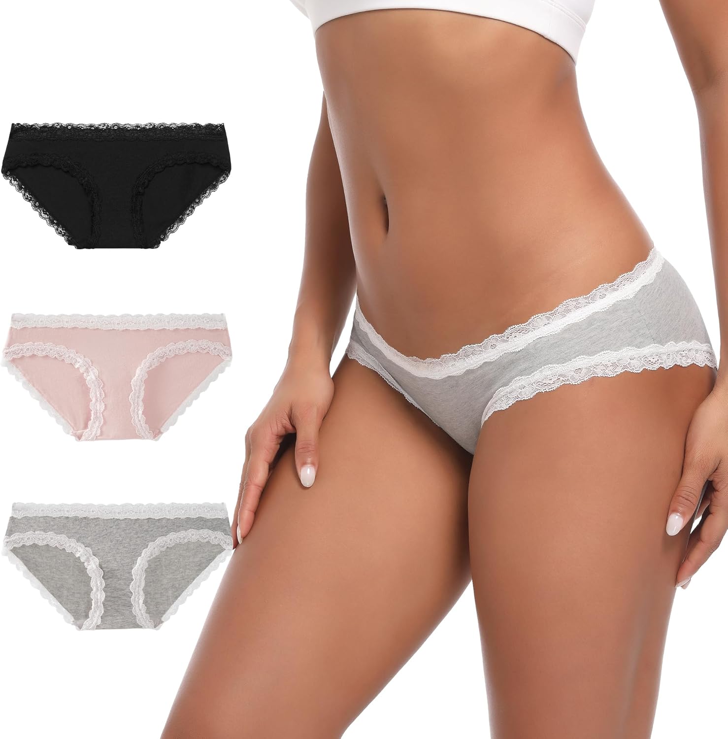 INNERSY Kadın Dantel Süslemeli Hipster Seksi Düşük Bel Külot Esnek İç Çamaşırı Pamuklu Külot 3'lü Paket