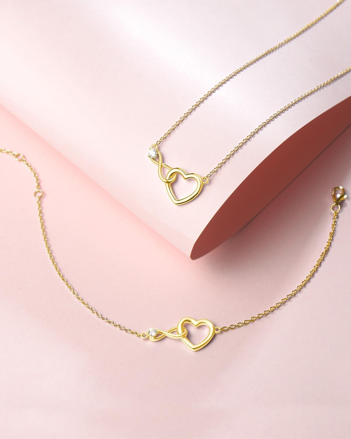 FANCIME 14K Vàng nguyên khối thật Trang sức trái tim tình yêu vô cực với vòng cổ vòng tay Moissanite Quà tặng sinh nhật cho phụ nữ Con gái Mẹ Con gái Cô ấy