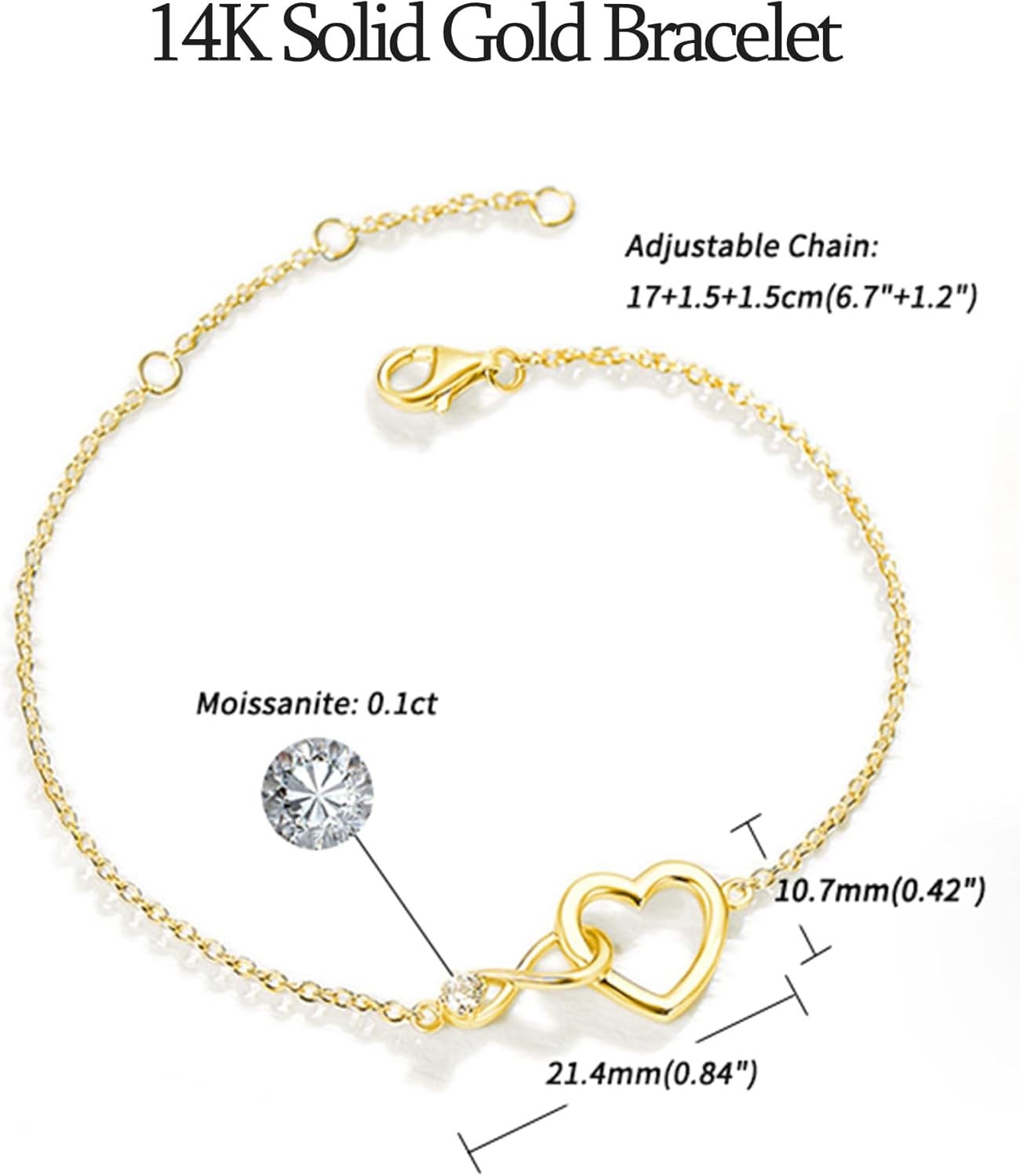 FANCIME 14K Vàng nguyên khối thật Trang sức trái tim tình yêu vô cực với vòng cổ vòng tay Moissanite Quà tặng sinh nhật cho phụ nữ Con gái Mẹ Con gái Cô ấy