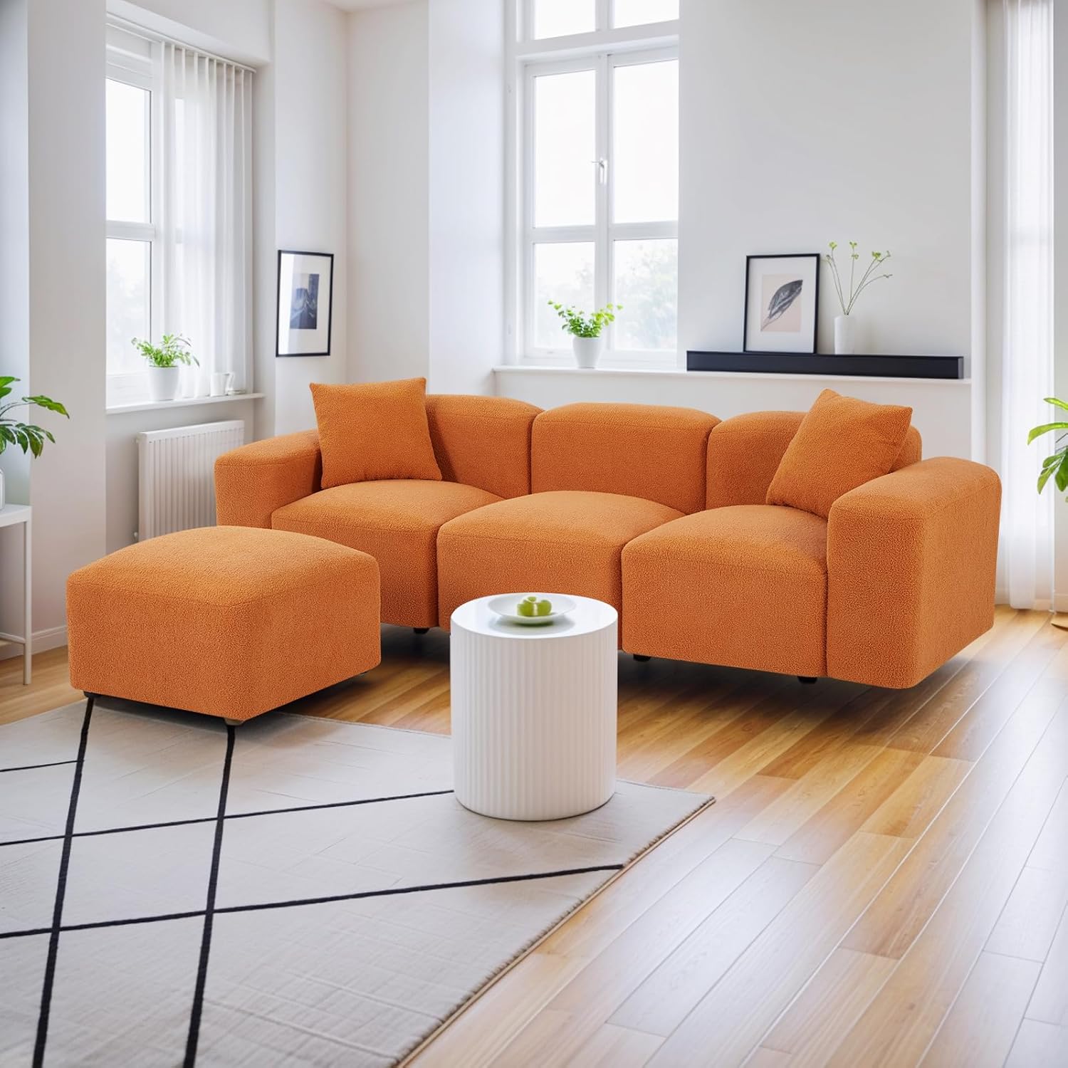 Fangflower L-Shaped Sectional Sofa with Teddy Fabric Reversible Ottoman, Sherpa Futon Couch with 2 Pillows for Living Room Apartment, 94 inch, Orange · v3