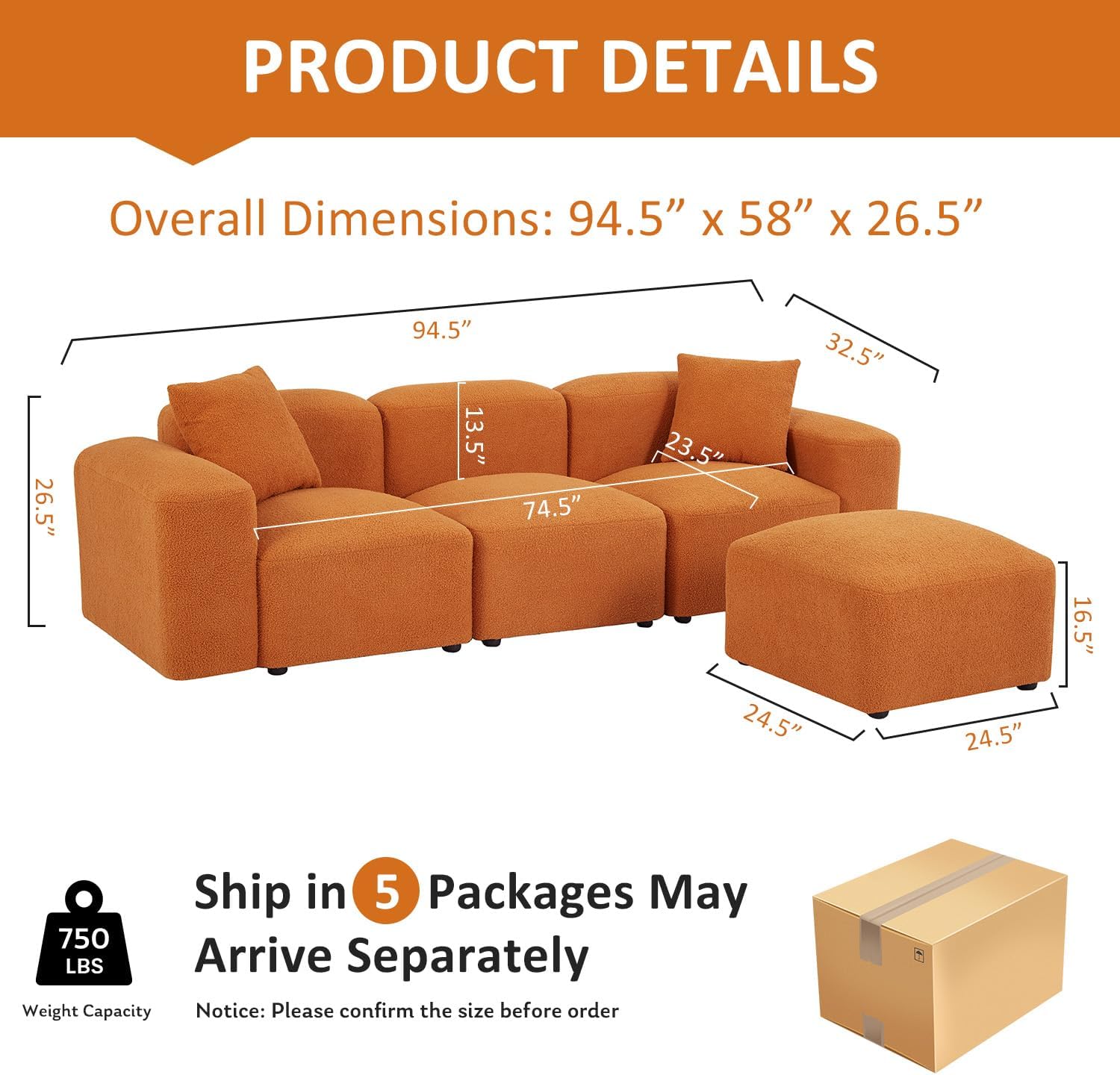 Fangflower L-Shaped Sectional Sofa with Teddy Fabric Reversible Ottoman, Sherpa Futon Couch with 2 Pillows for Living Room Apartment, 94 inch, Orange · v3