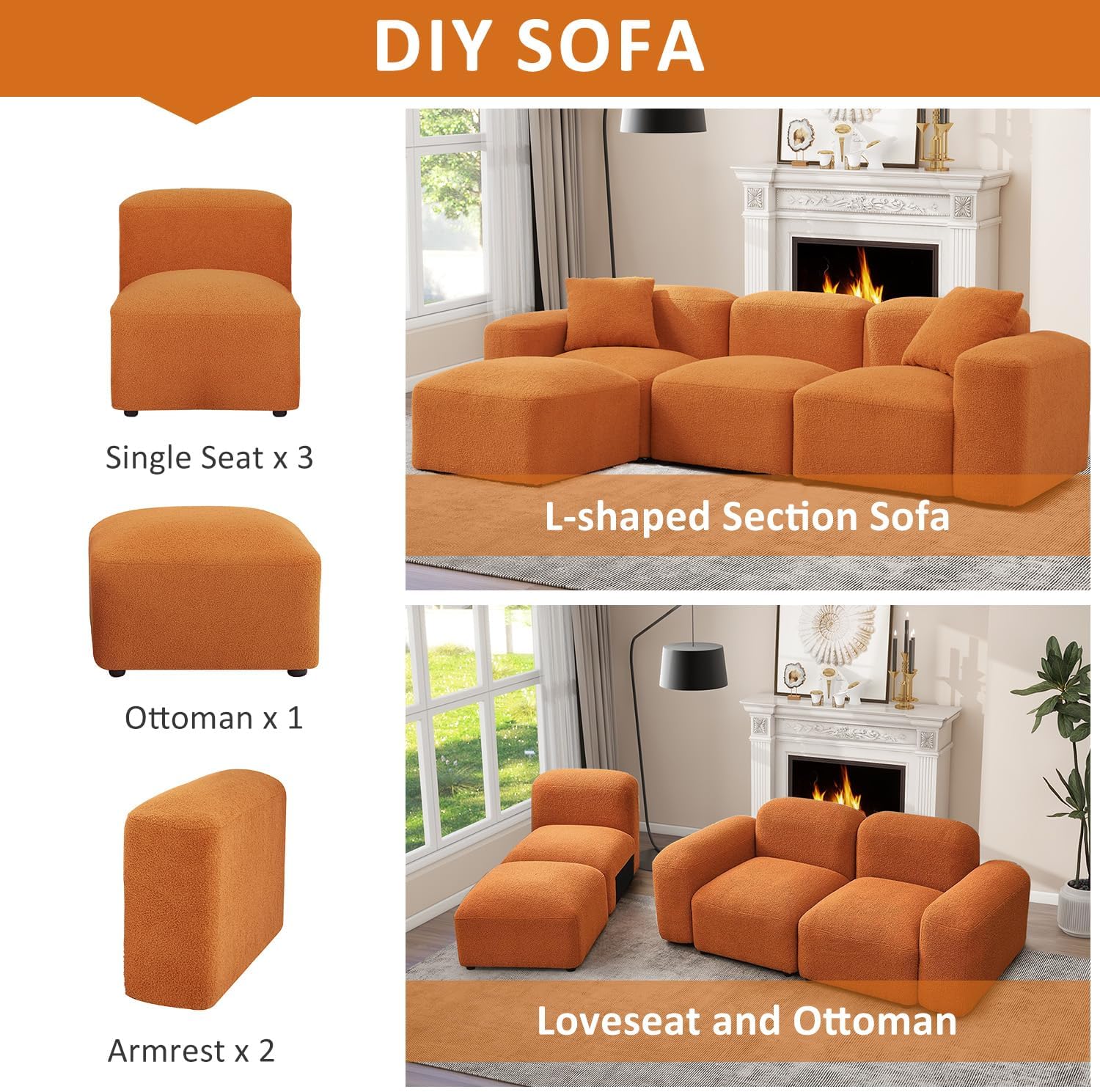 Fangflower L-Shaped Sectional Sofa with Teddy Fabric Reversible Ottoman, Sherpa Futon Couch with 2 Pillows for Living Room Apartment, 94 inch, Orange · v3