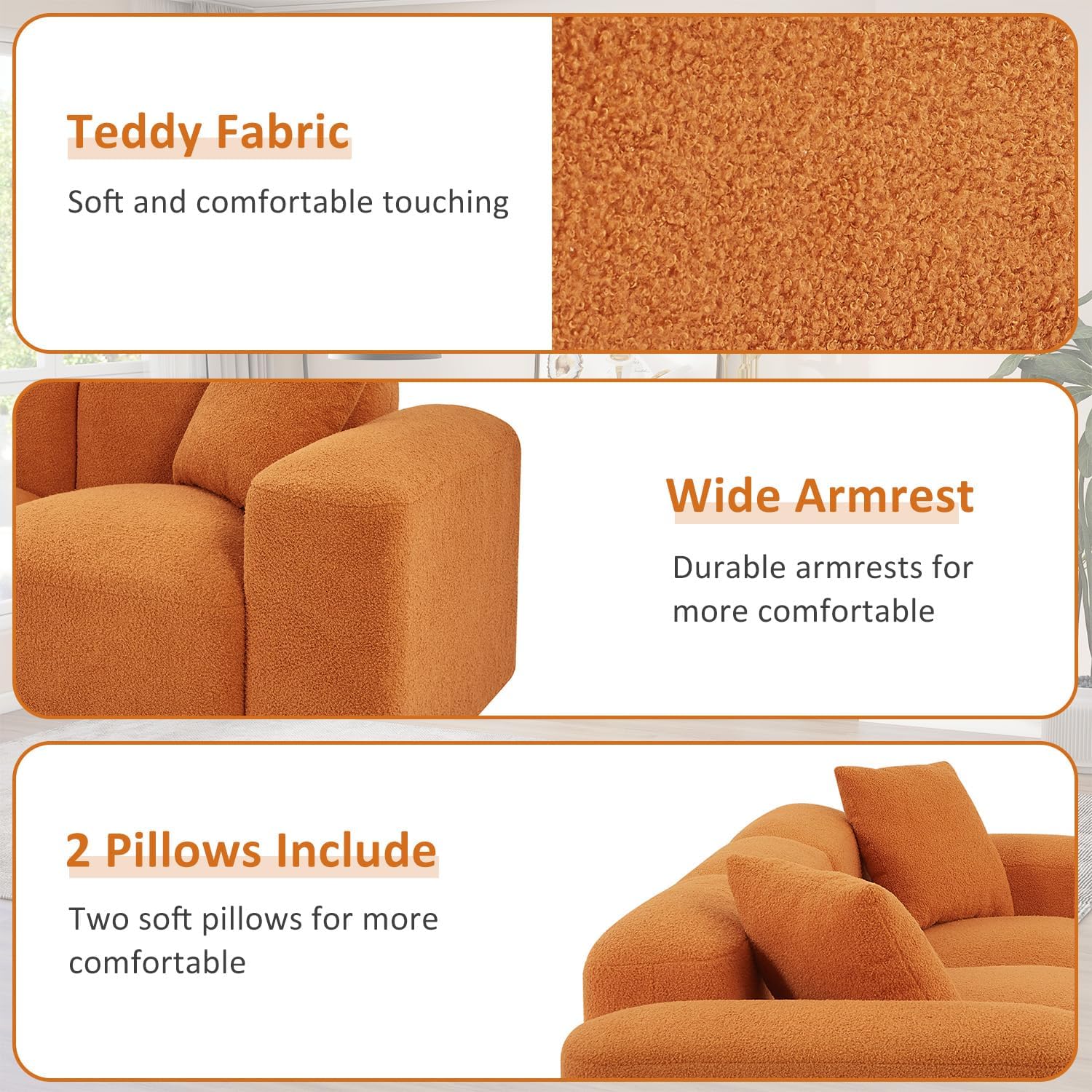 Fangflower L-Shaped Sectional Sofa with Teddy Fabric Reversible Ottoman, Sherpa Futon Couch with 2 Pillows for Living Room Apartment, 94 inch, Orange · v3