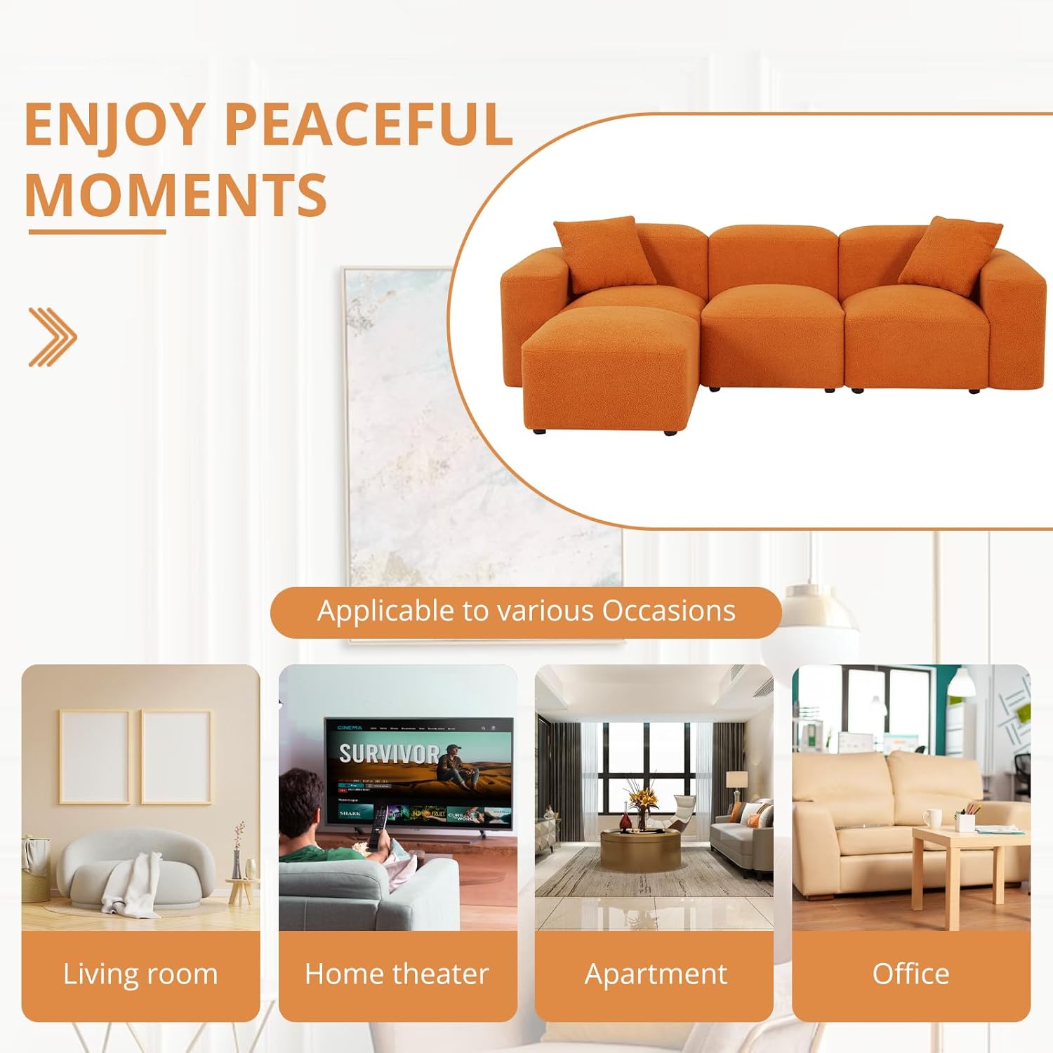 Fangflower L-Shaped Sectional Sofa with Teddy Fabric Reversible Ottoman, Sherpa Futon Couch with 2 Pillows for Living Room Apartment, 94 inch, Orange · v3