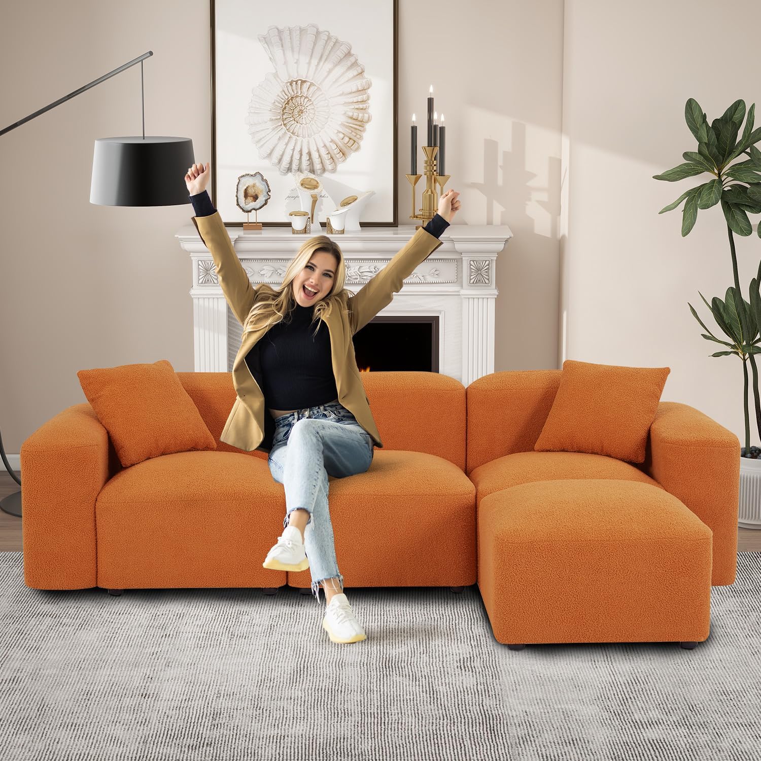 Fangflower L-Shaped Sectional Sofa with Teddy Fabric Reversible Ottoman, Sherpa Futon Couch with 2 Pillows for Living Room Apartment, 94 inch, Orange · v3
