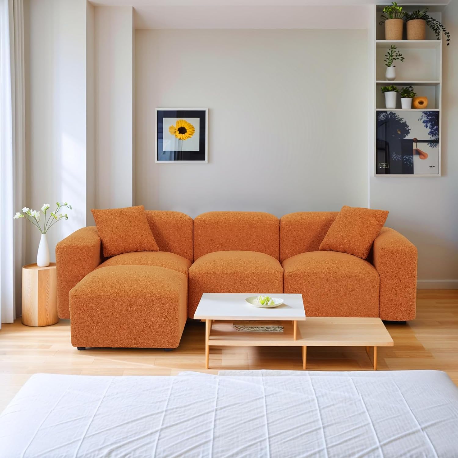 Fangflower L-Shaped Sectional Sofa with Teddy Fabric Reversible Ottoman, Sherpa Futon Couch with 2 Pillows for Living Room Apartment, 94 inch, Orange · v3