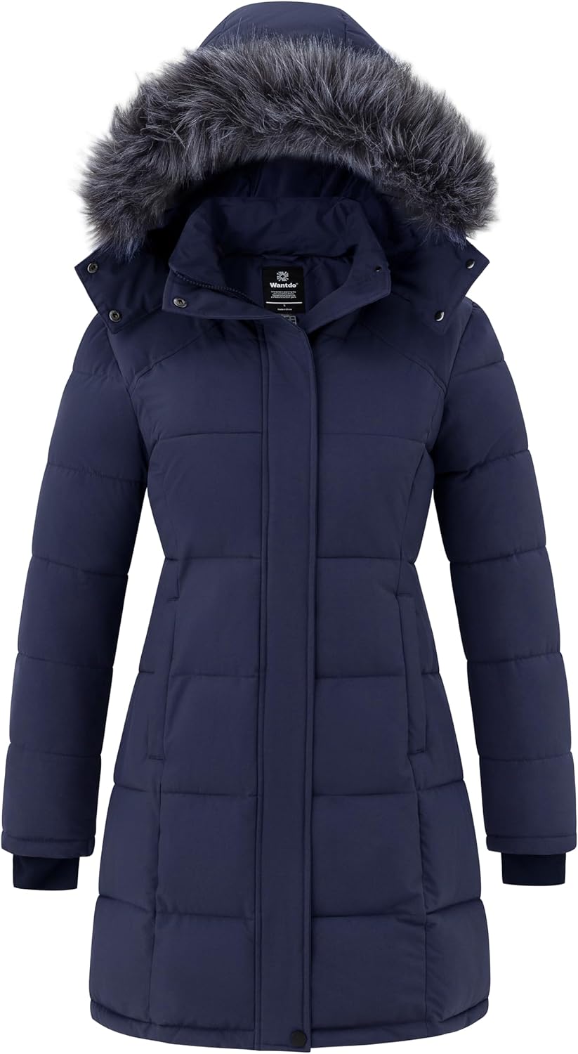 wantdo Womens Waterproof Winter Coat Warm Long Puffer Jackets with Faux Fur Hood Thicken Parka