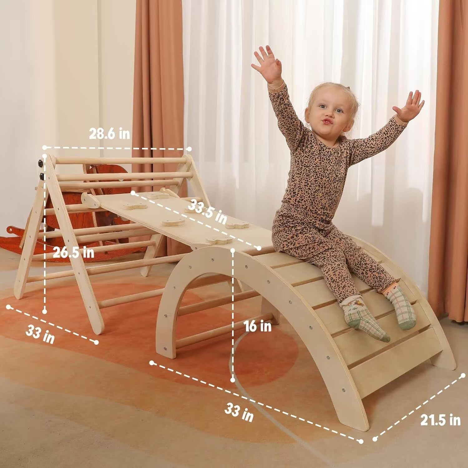 Pikler Triangle Set z poduszką Duży, składany zestaw wspinaczkowy Montessori 5 w 1, zestaw do wspinaczki kryty plac zabaw dla małych dzieci, drewniane zabawki wspinaczkowe z rampą i wspinaczką na łuk dla dzieci (kolor drewniany)