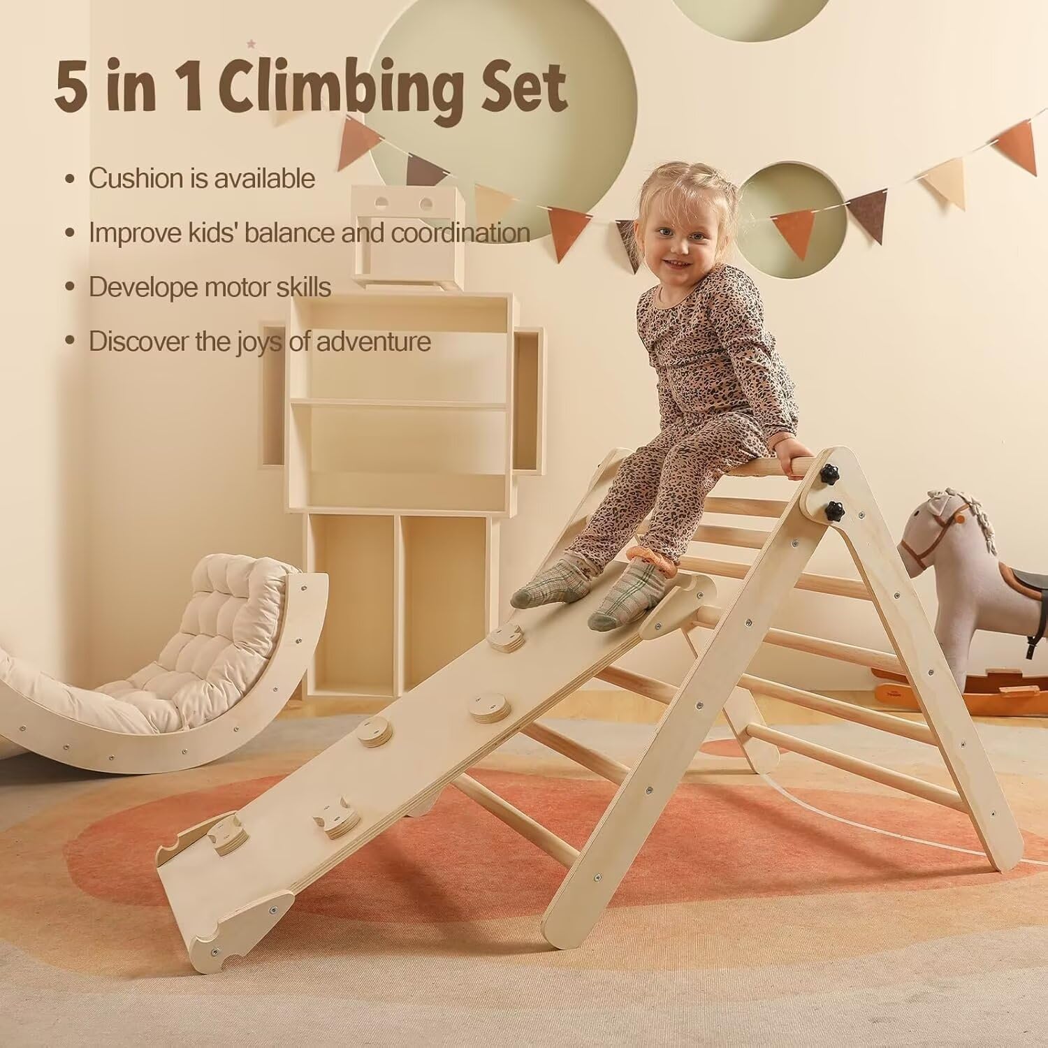 Pikler Triangle Set z poduszką Duży, składany zestaw wspinaczkowy Montessori 5 w 1, zestaw do wspinaczki kryty plac zabaw dla małych dzieci, drewniane zabawki wspinaczkowe z rampą i wspinaczką na łuk dla dzieci (kolor drewniany)