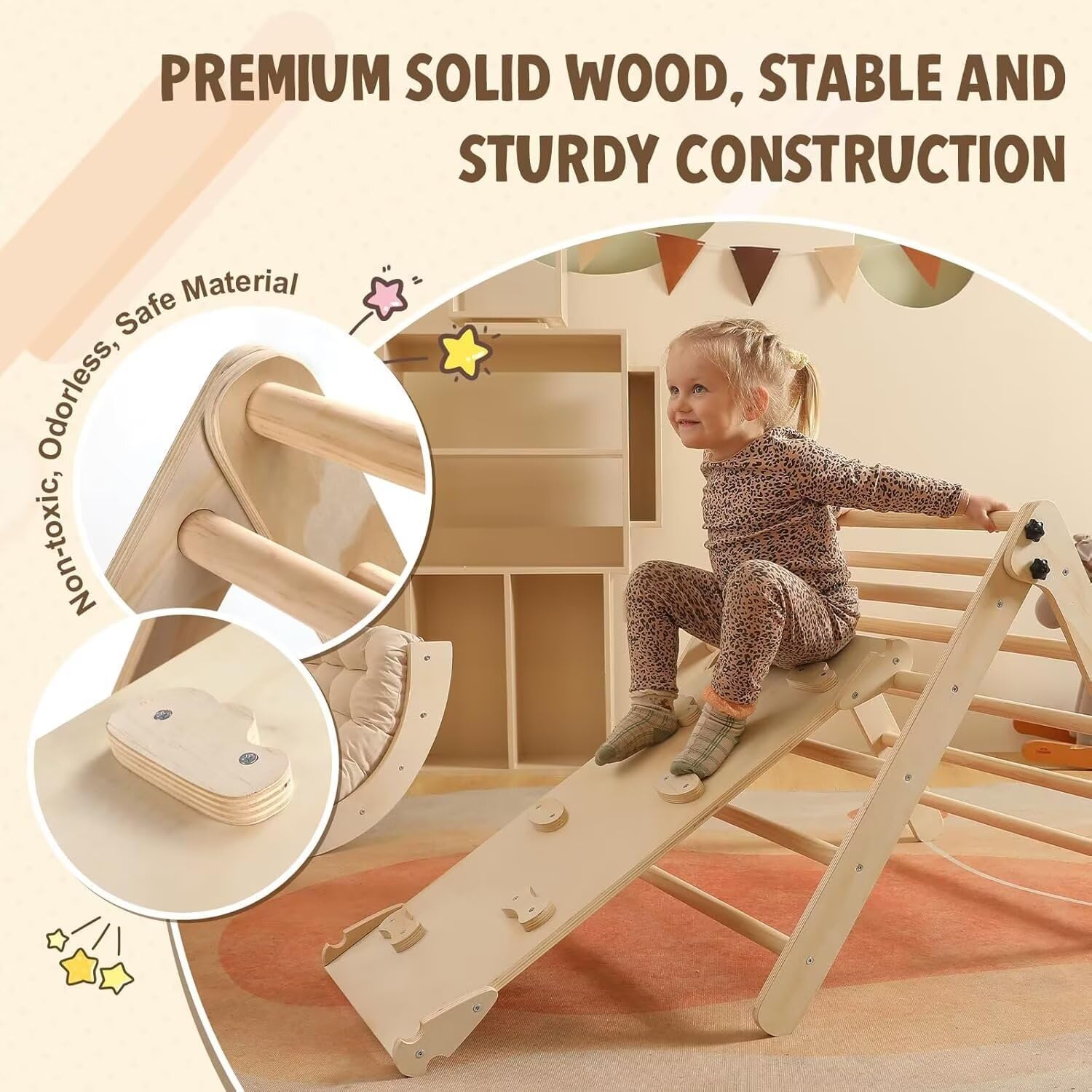 Pikler Triangle Set z poduszką Duży, składany zestaw wspinaczkowy Montessori 5 w 1, zestaw do wspinaczki kryty plac zabaw dla małych dzieci, drewniane zabawki wspinaczkowe z rampą i wspinaczką na łuk dla dzieci (kolor drewniany)