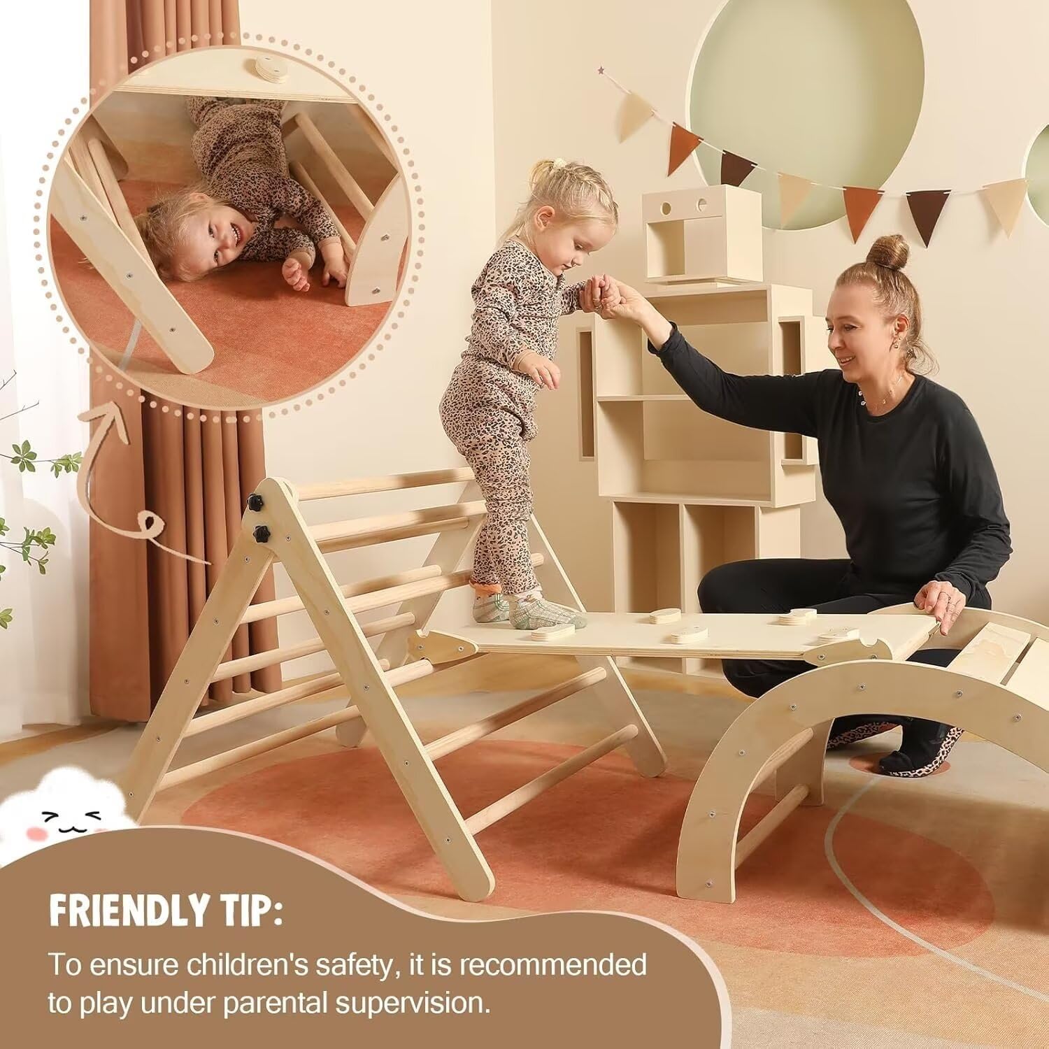 Pikler Triangle Set z poduszką Duży, składany zestaw wspinaczkowy Montessori 5 w 1, zestaw do wspinaczki kryty plac zabaw dla małych dzieci, drewniane zabawki wspinaczkowe z rampą i wspinaczką na łuk dla dzieci (kolor drewniany)