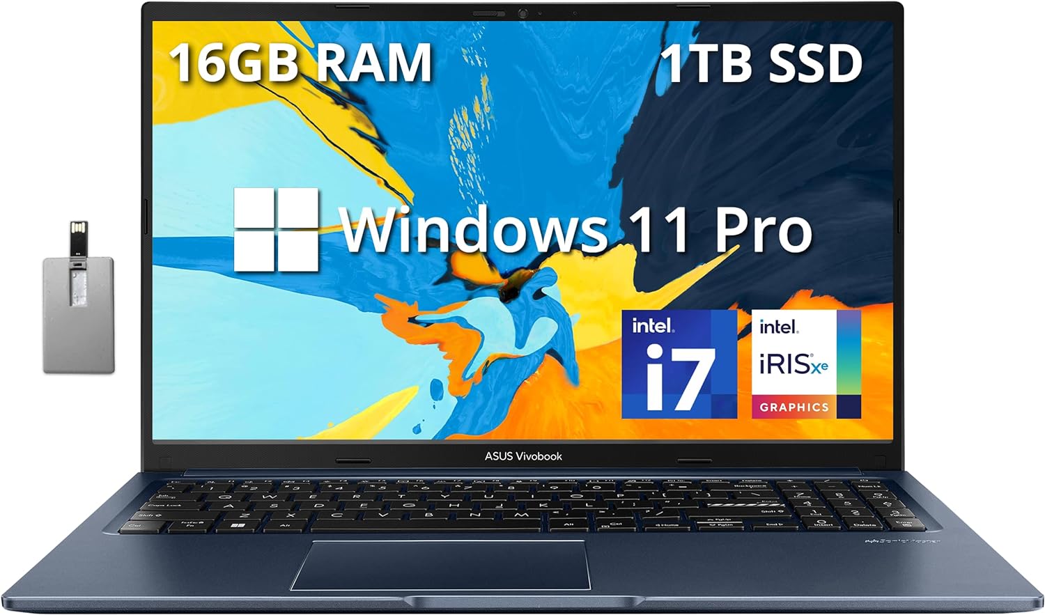 ASUS VivoBook 15.6 FHD Touchscreen Laptop, Intel Core i7-1255U, 16GB RAM, 1TB PCIe SSD, Intel Iris Xe Graphics, Backlit Keyboard, WiFi 6, Windows 11 Pro, Quiet Blue, 32GB Hotface USB Card · v4