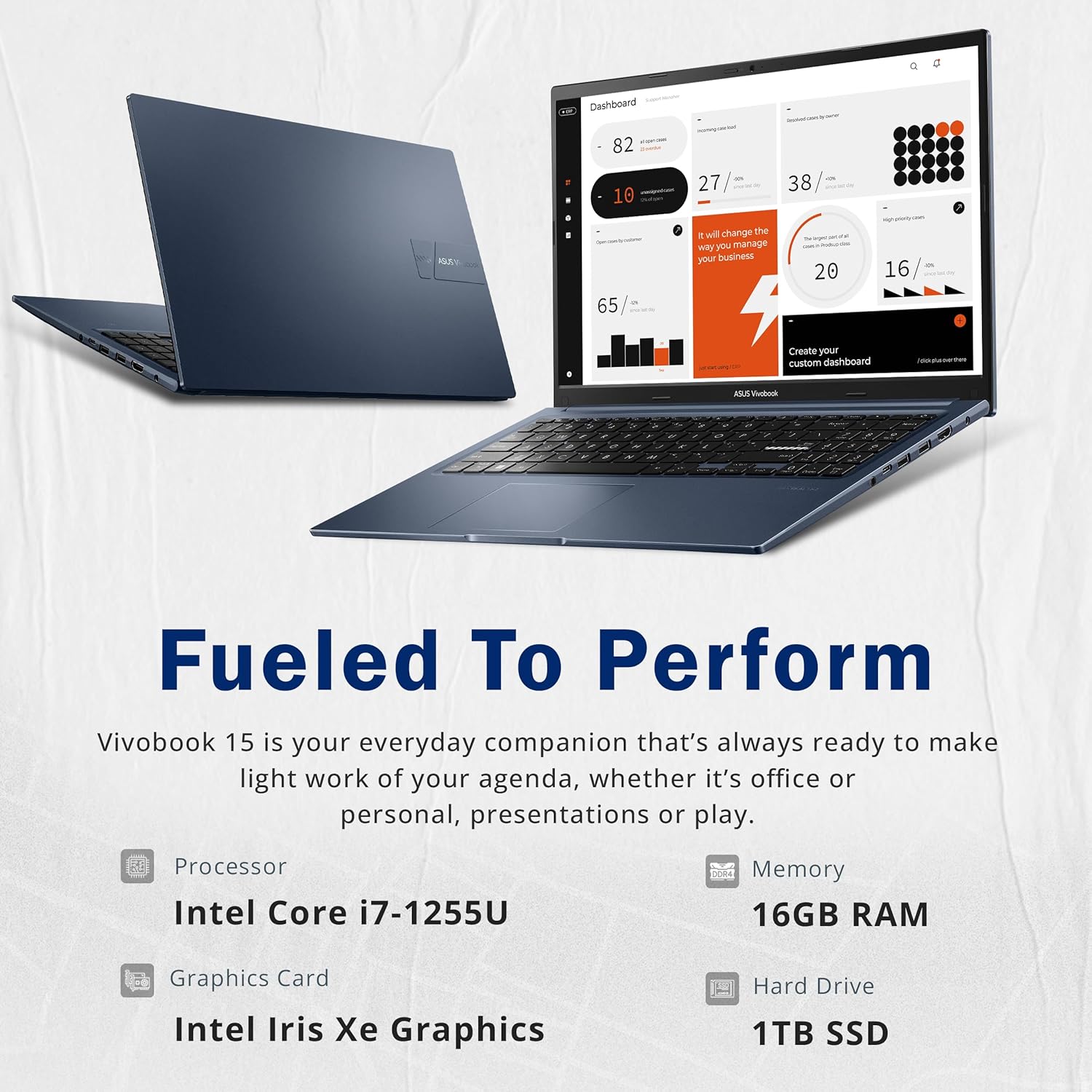 ASUS VivoBook 15.6 FHD-laptop met touchscreen, Intel Core i7-1255U, 16 GB RAM, 1 TB PCIe SSD, Intel Iris Xe Graphics, toetsenbord met achtergrondverlichting, WiFi 6, Windows 11 Pro, Quiet Blue, 32 GB Hotface USB-kabel