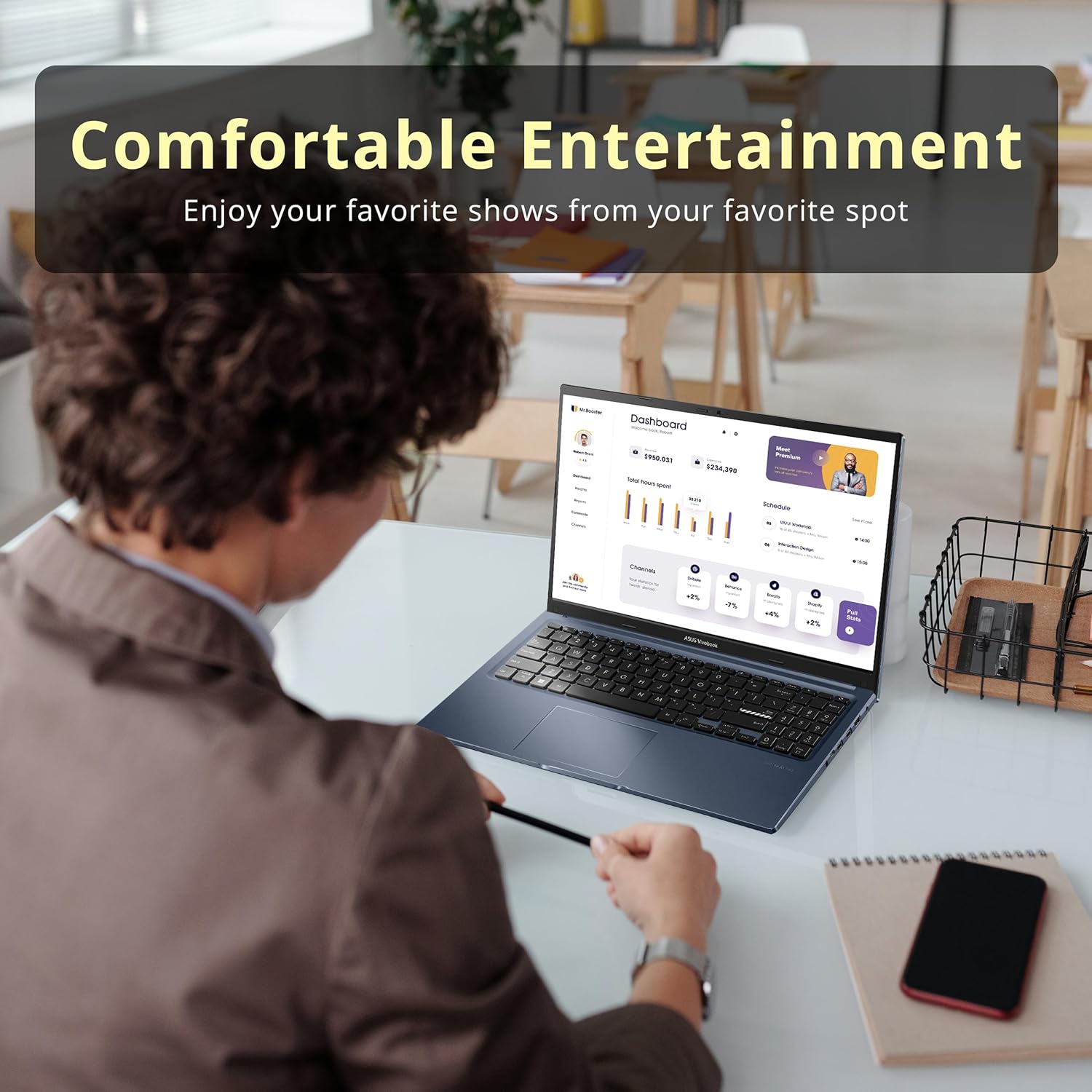 ASUS VivoBook 15.6 FHD-laptop met touchscreen, Intel Core i7-1255U, 16 GB RAM, 1 TB PCIe SSD, Intel Iris Xe Graphics, toetsenbord met achtergrondverlichting, WiFi 6, Windows 11 Pro, Quiet Blue, 32 GB Hotface USB-kabel