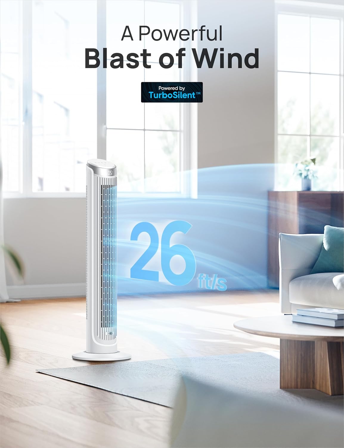 Dreo Smart Tower-Ventilator für Schlafzimmer, Standventilatoren für drinnen, um 90° oszillierend, leiser Bodenventilator mit einer Geschwindigkeit von 26 Fuß/s mit Fernbedienung, 12-Stunden-Timer, Sprachsteuerung, Lüfter für den Innenbereich, kompatibel mit Alexa