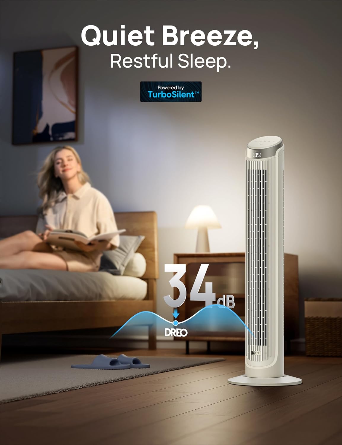 Dreo Smart Tower-Ventilator für Schlafzimmer, Standventilatoren für drinnen, um 90° oszillierend, leiser Bodenventilator mit einer Geschwindigkeit von 26 Fuß/s mit Fernbedienung, 12-Stunden-Timer, Sprachsteuerung, Lüfter für den Innenbereich, kompatibel mit Alexa