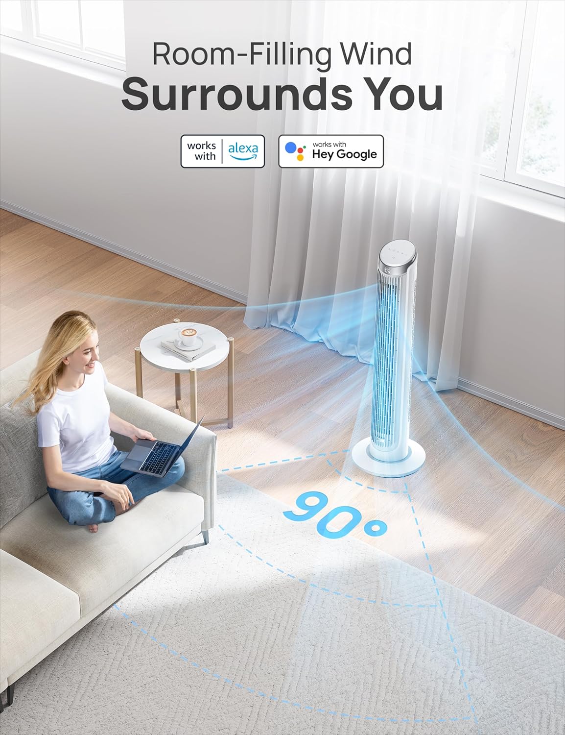 Dreo Smart Tower-Ventilator für Schlafzimmer, Standventilatoren für drinnen, um 90° oszillierend, leiser Bodenventilator mit einer Geschwindigkeit von 26 Fuß/s mit Fernbedienung, 12-Stunden-Timer, Sprachsteuerung, Lüfter für den Innenbereich, kompatibel mit Alexa
