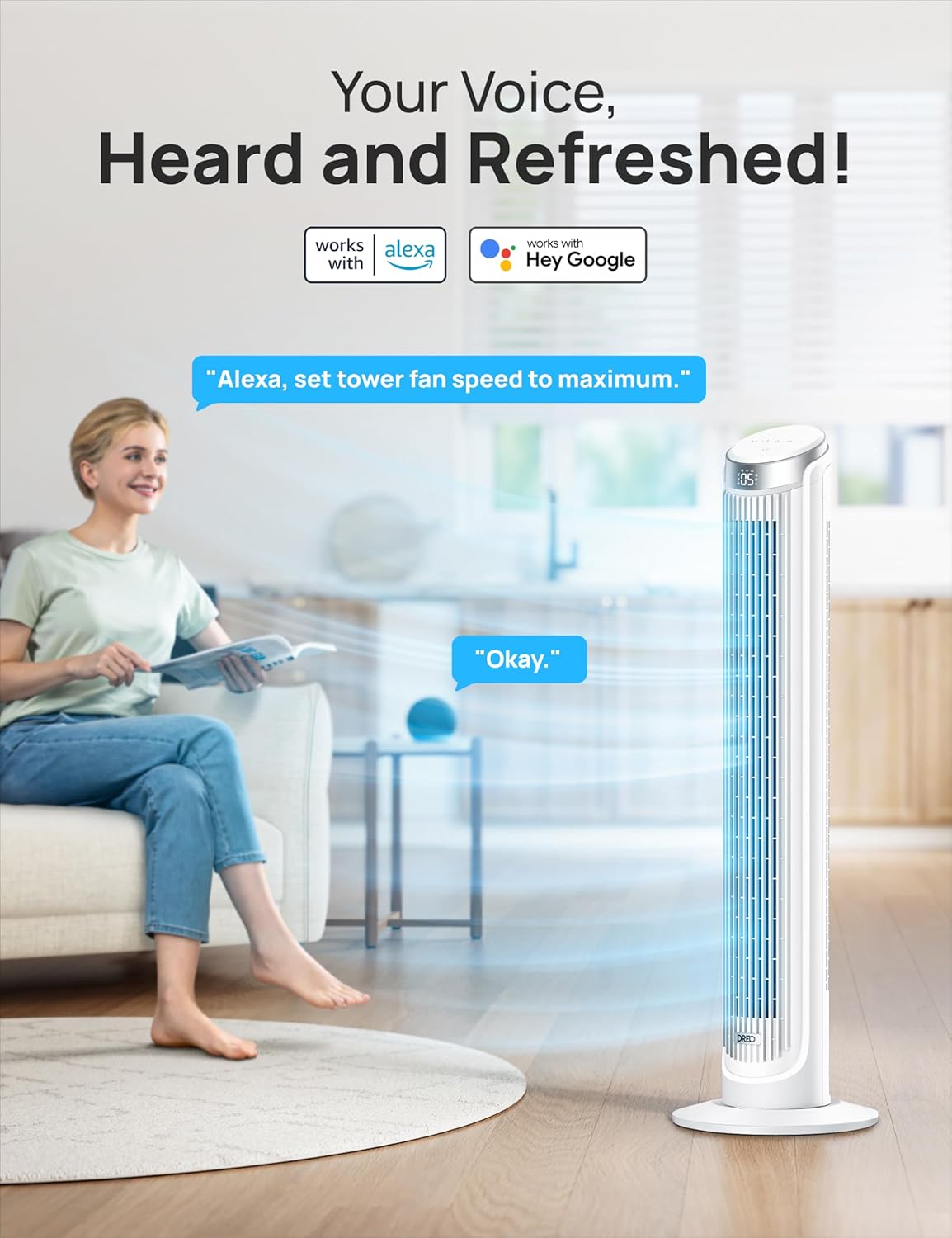 Dreo Smart Tower-Ventilator für Schlafzimmer, Standventilatoren für drinnen, um 90° oszillierend, leiser Bodenventilator mit einer Geschwindigkeit von 26 Fuß/s mit Fernbedienung, 12-Stunden-Timer, Sprachsteuerung, Lüfter für den Innenbereich, kompatibel mit Alexa
