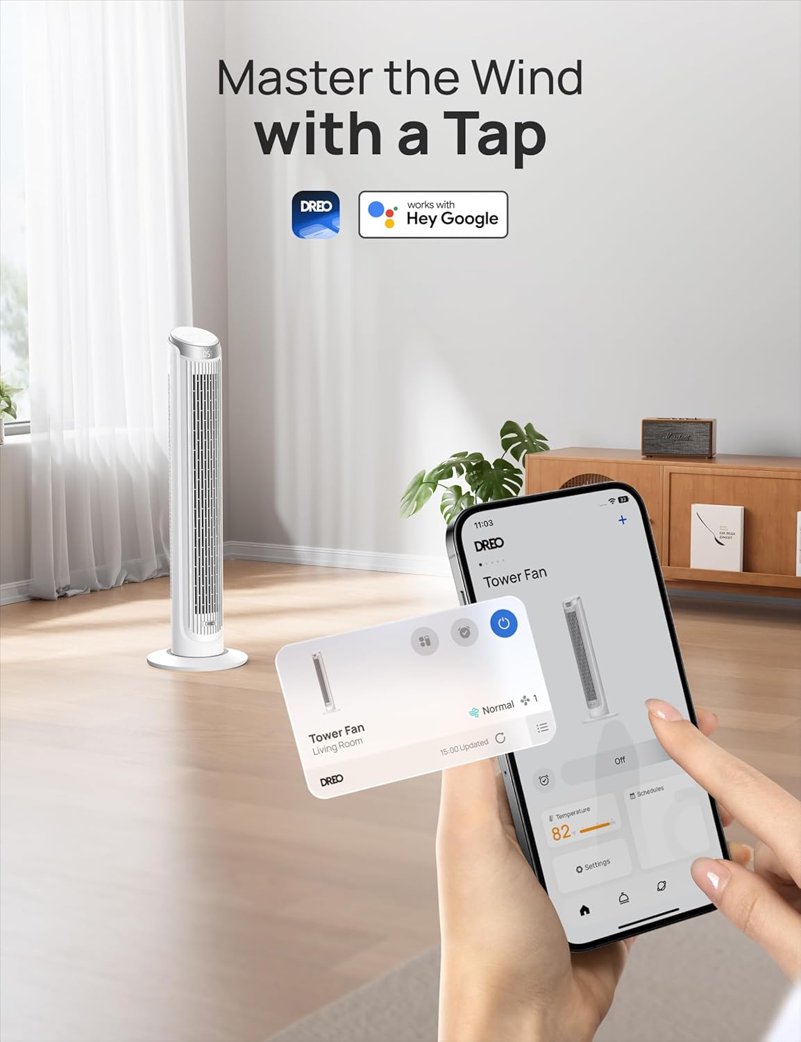 Dreo Smart Tower-Ventilator für Schlafzimmer, Standventilatoren für drinnen, um 90° oszillierend, leiser Bodenventilator mit einer Geschwindigkeit von 26 Fuß/s mit Fernbedienung, 12-Stunden-Timer, Sprachsteuerung, Lüfter für den Innenbereich, kompatibel mit Alexa