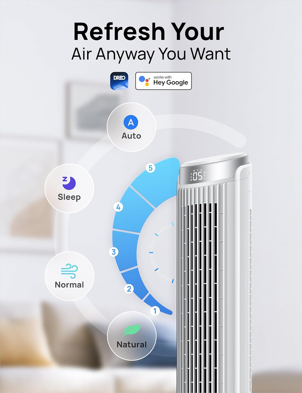 Dreo Smart Tower-Ventilator für Schlafzimmer, Standventilatoren für drinnen, um 90° oszillierend, leiser Bodenventilator mit einer Geschwindigkeit von 26 Fuß/s mit Fernbedienung, 12-Stunden-Timer, Sprachsteuerung, Lüfter für den Innenbereich, kompatibel mit Alexa