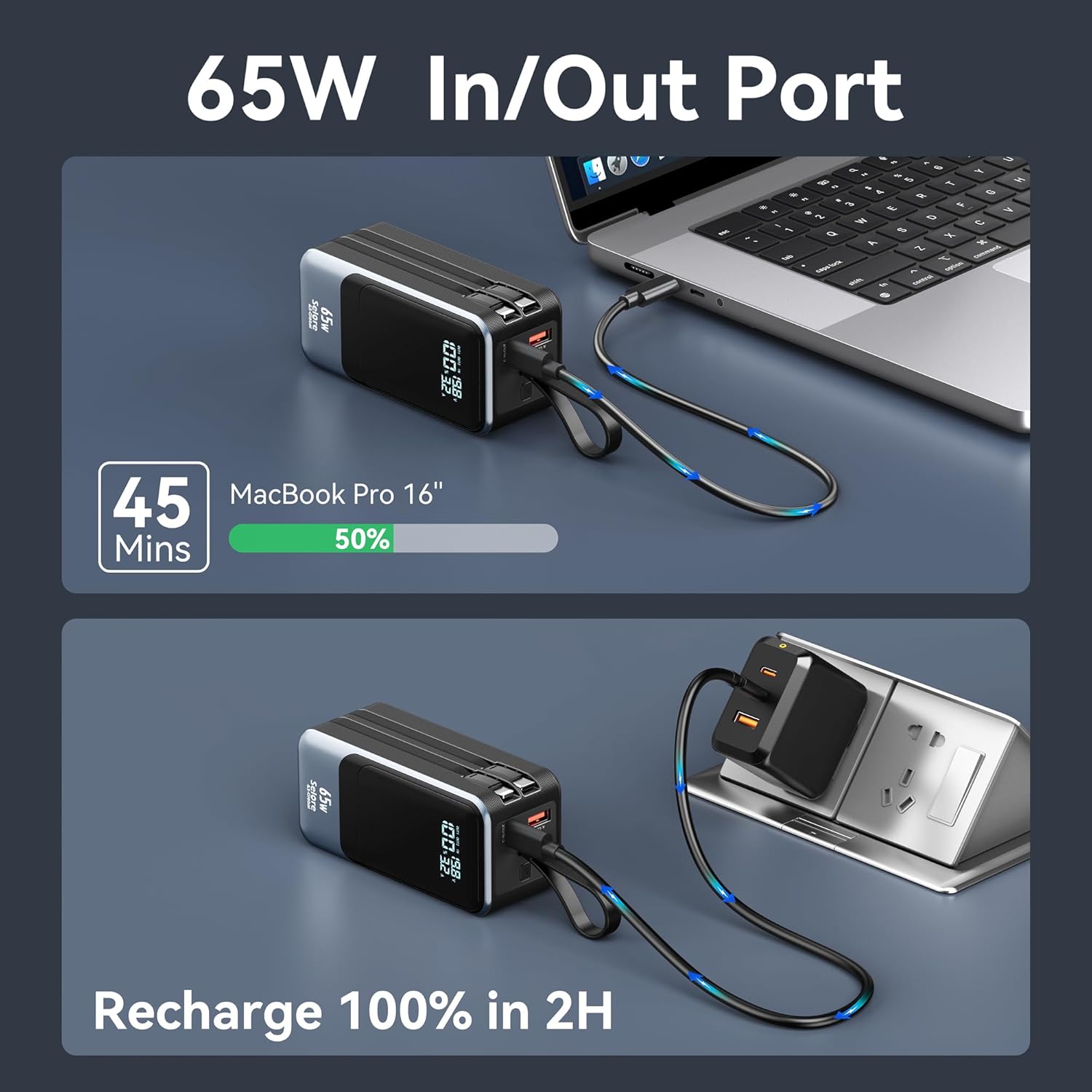 Selore Power Bank, 65W Laptop Portable Charger with Built in USB C Cable, 4 Outputs, Fast Charging External Battery Pack for Laptop MacBook Dell XPS iPad Tablet iPhone 16/15 Series Samsung S24 et · v2