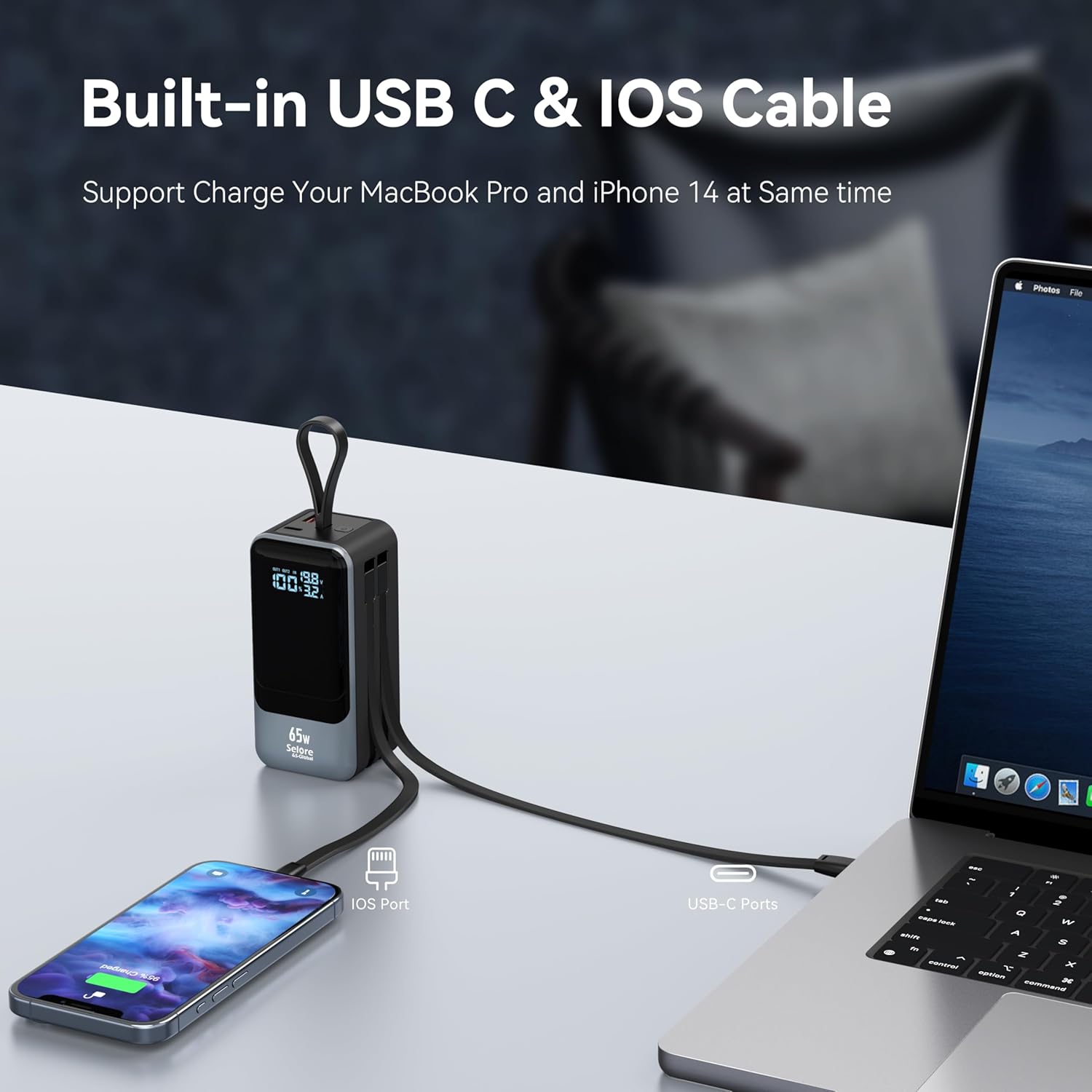 Selore Power Bank, 65W Laptop Portable Charger with Built in USB C Cable, 4 Outputs, Fast Charging External Battery Pack for Laptop MacBook Dell XPS iPad Tablet iPhone 16/15 Series Samsung S24 et · v2