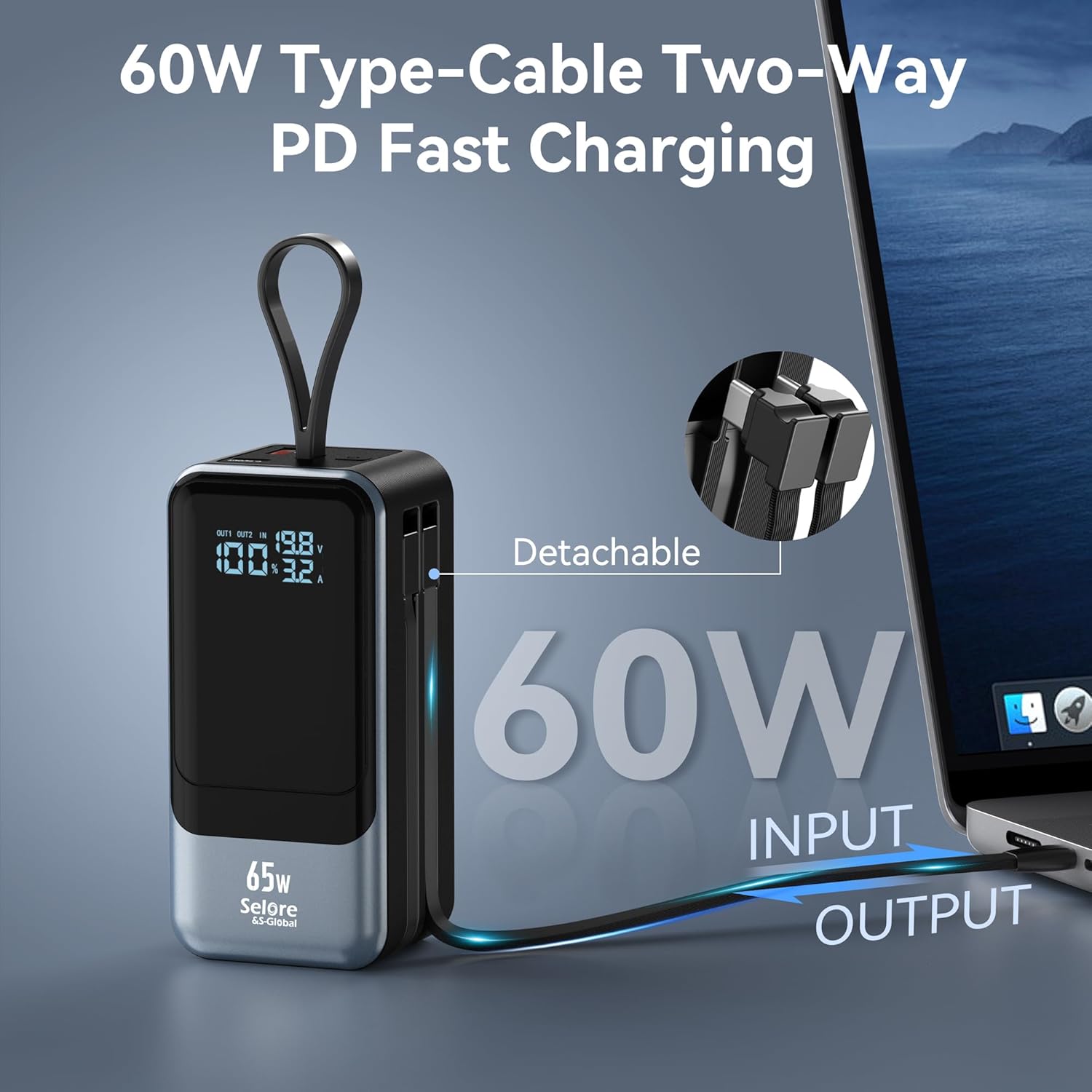 Selore Power Bank, 65W Laptop Portable Charger with Built in USB C Cable, 4 Outputs, Fast Charging External Battery Pack for Laptop MacBook Dell XPS iPad Tablet iPhone 16/15 Series Samsung S24 et · v2