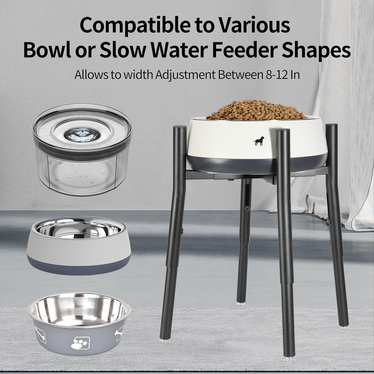 Raised Single Dog Bowl Stand, Adjustable 12-16 Tall, Elevated Dog Food Bowl Stand for 8-12" Wide Bowls, Dog Bowl Holder for Medium Large - Metal Dog Bowl Stand Only - Black