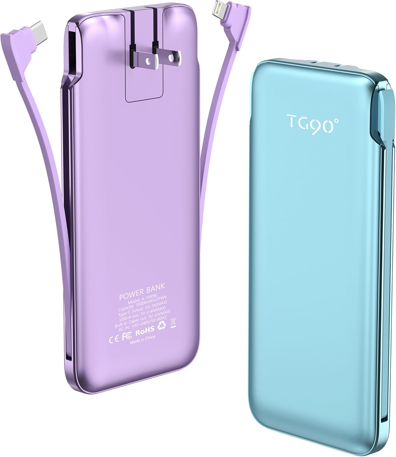 TG90° 2 Pack 10000mah Power Bank with Built in Cables and AC Wall Plug, Cell Phone Portable Charger External Battery Pack Compatible with iPhone Android Smart Devices
