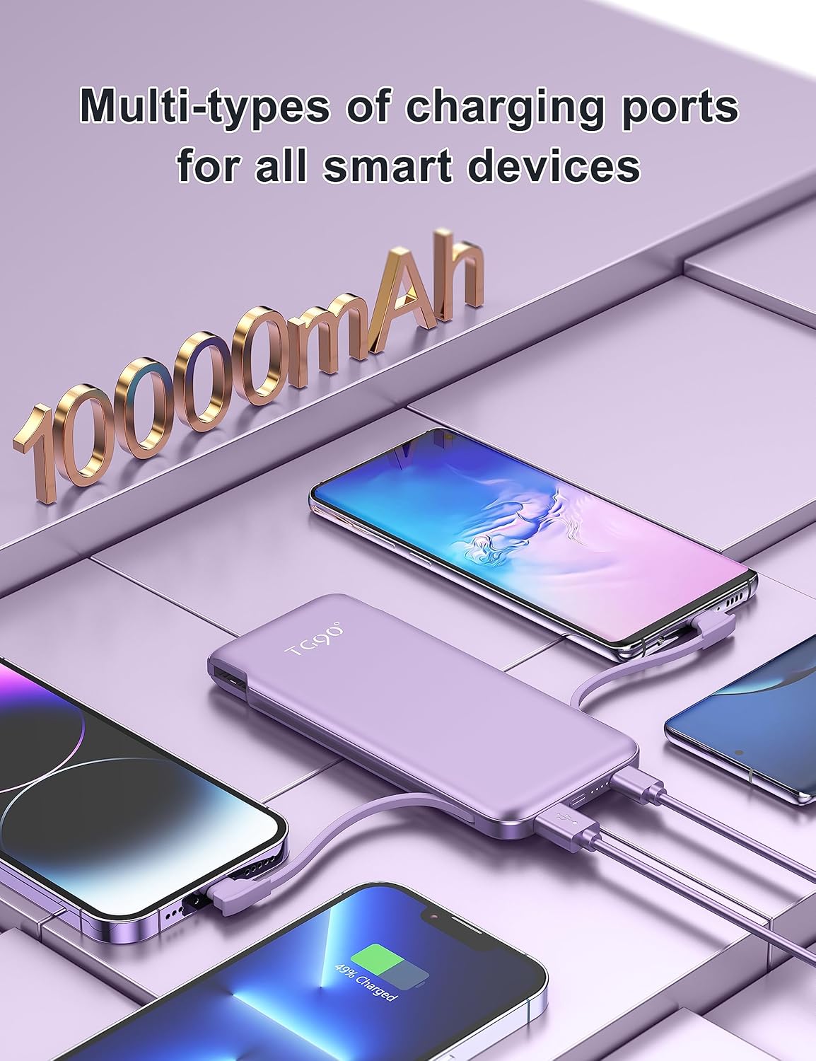 Lot de 2 batteries externes TG90° de 10 000 mAh avec câbles intégrés et prise murale secteur, chargeur portable pour téléphone portable, batterie externe compatible avec les appareils intelligents iPhone et Android