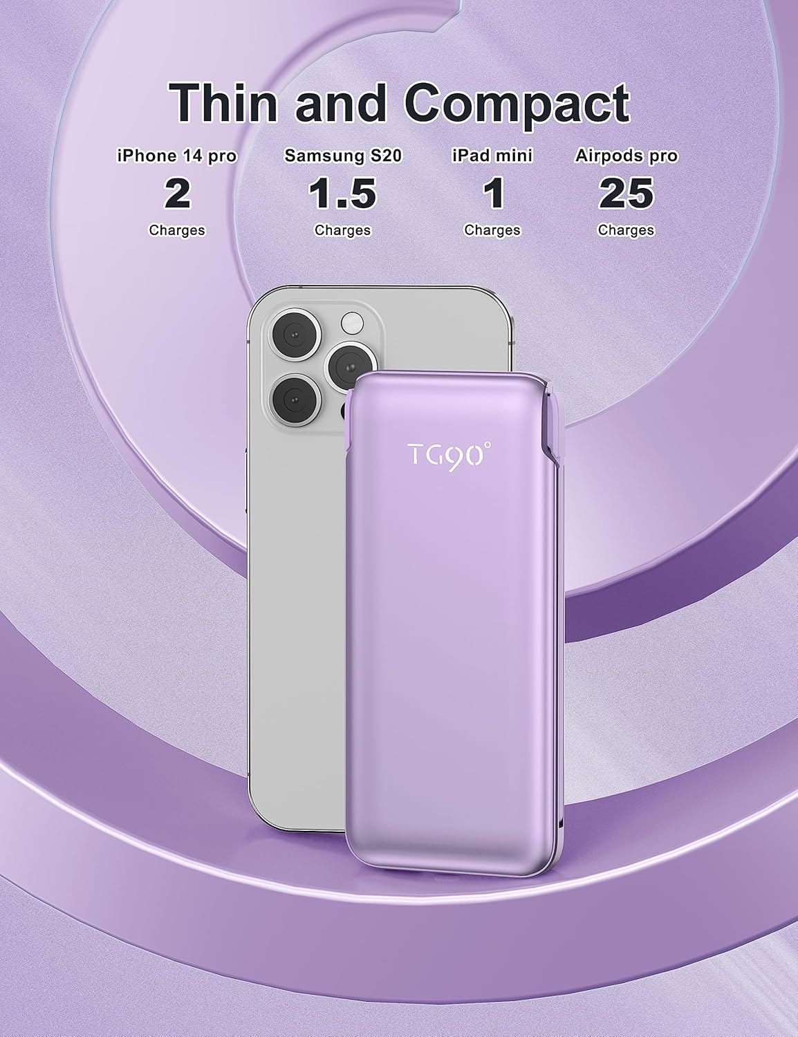 Lot de 2 batteries externes TG90° de 10 000 mAh avec câbles intégrés et prise murale secteur, chargeur portable pour téléphone portable, batterie externe compatible avec les appareils intelligents iPhone et Android