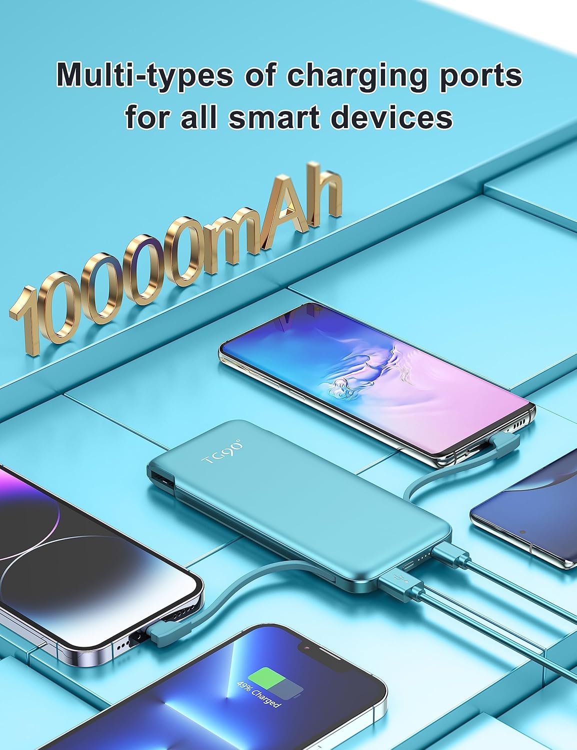 Lot de 2 batteries externes TG90° de 10 000 mAh avec câbles intégrés et prise murale secteur, chargeur portable pour téléphone portable, batterie externe compatible avec les appareils intelligents iPhone et Android