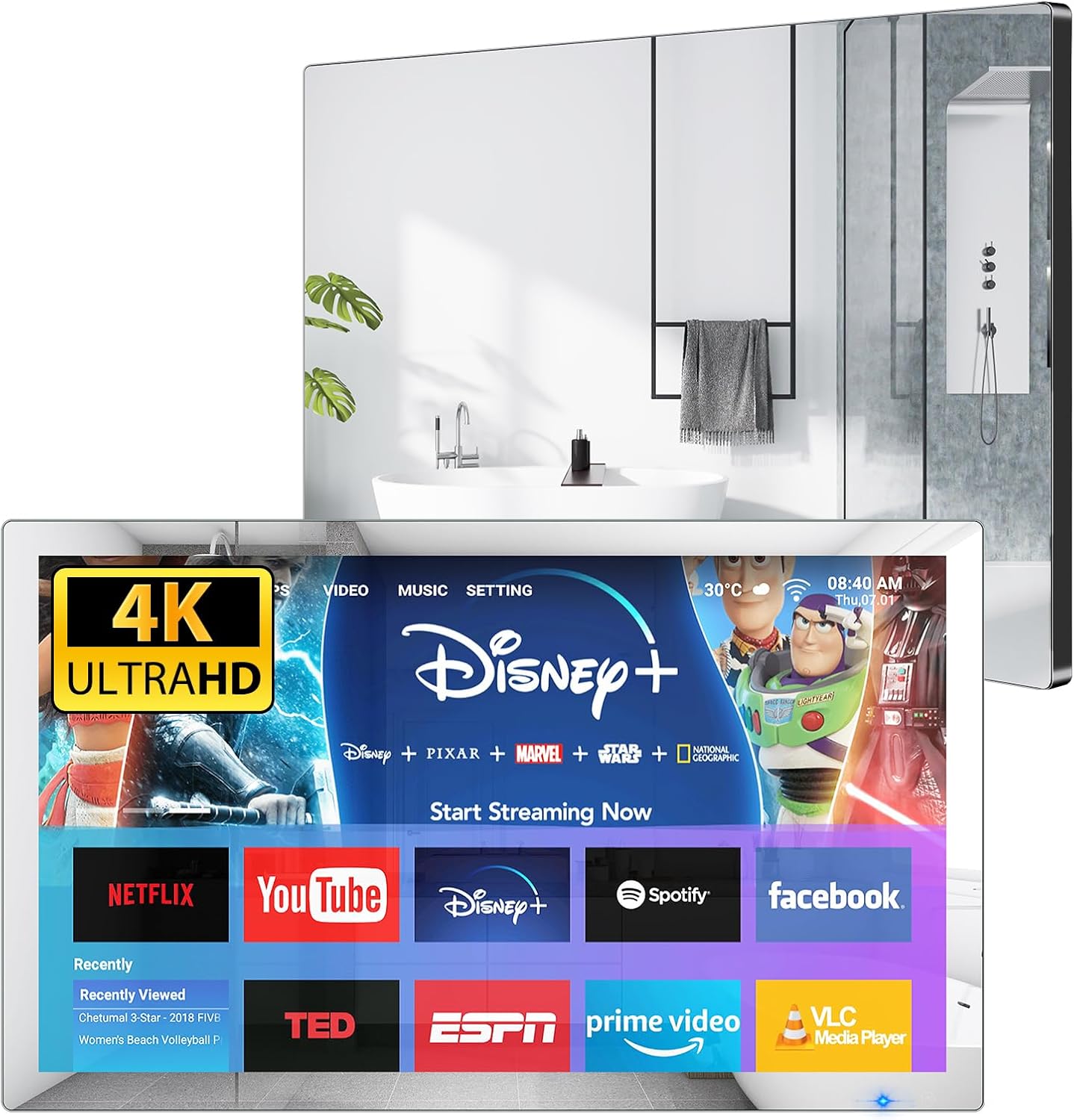 Haocrown 32 Inch Smart Bathroom TV 4K Ultra HD Android TV IP66 Waterproof Smart Mirror TV Google Assistant Built-in with Voice Remote,ATSC Tuner, Suitable for Bathroom Sauna(Black Frame,2024 Model) · v8